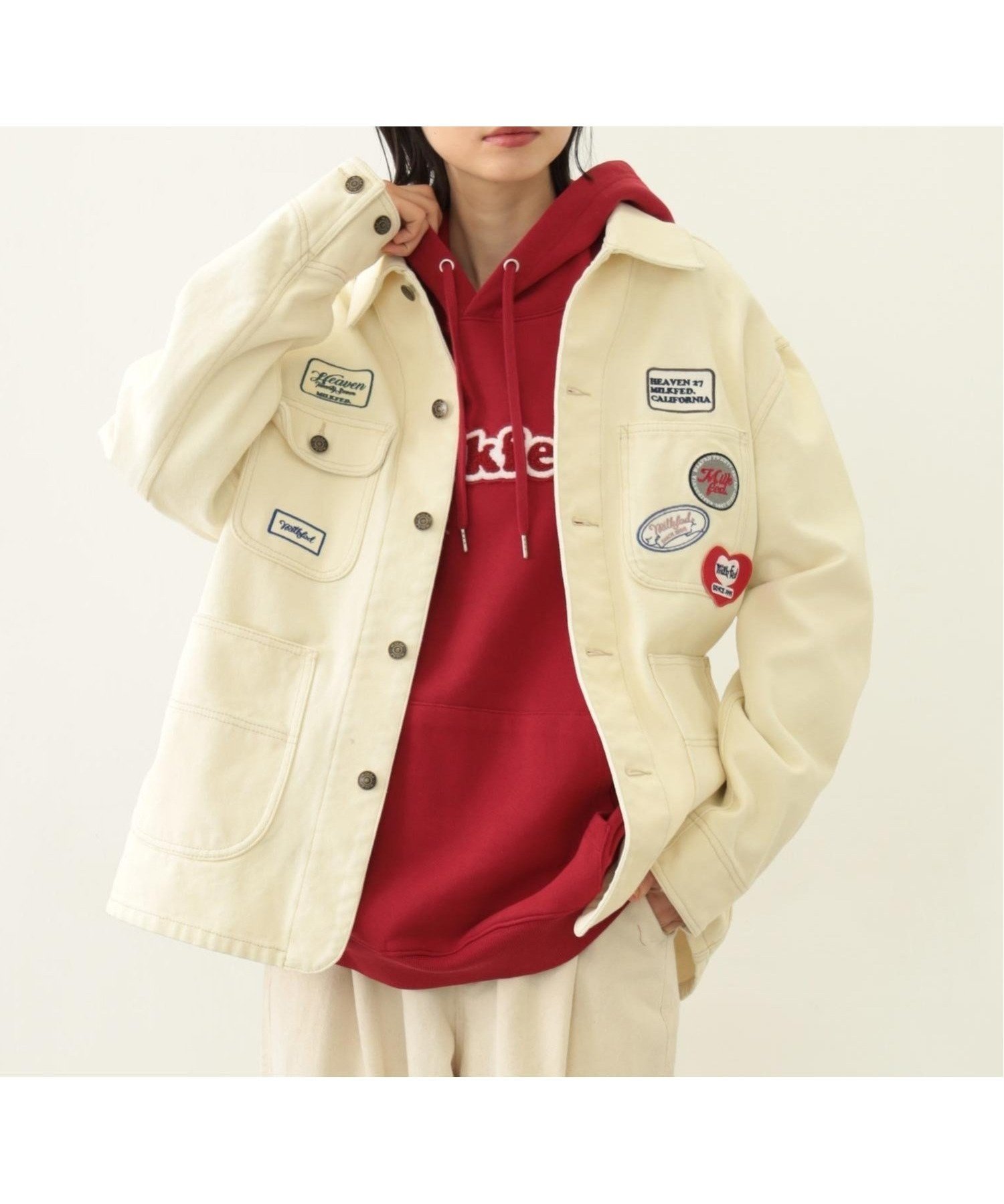 【ミルクフェド/MILKFED.】のPATCHED COVERALL JACKET MILKFED. インテリア・キッズ・メンズ・レディースファッション・服の通販 founy(ファニー) 　ファッション　Fashion　レディースファッション　Ladies' Fashion Online　アウター　Coat Outerwear　ジャケット　Jackets　ガーリー　Girly　リラックス　Relax　無地　Plain Color　OFF WHITE|ID: prp329100004581265 ipo3291000000032459990