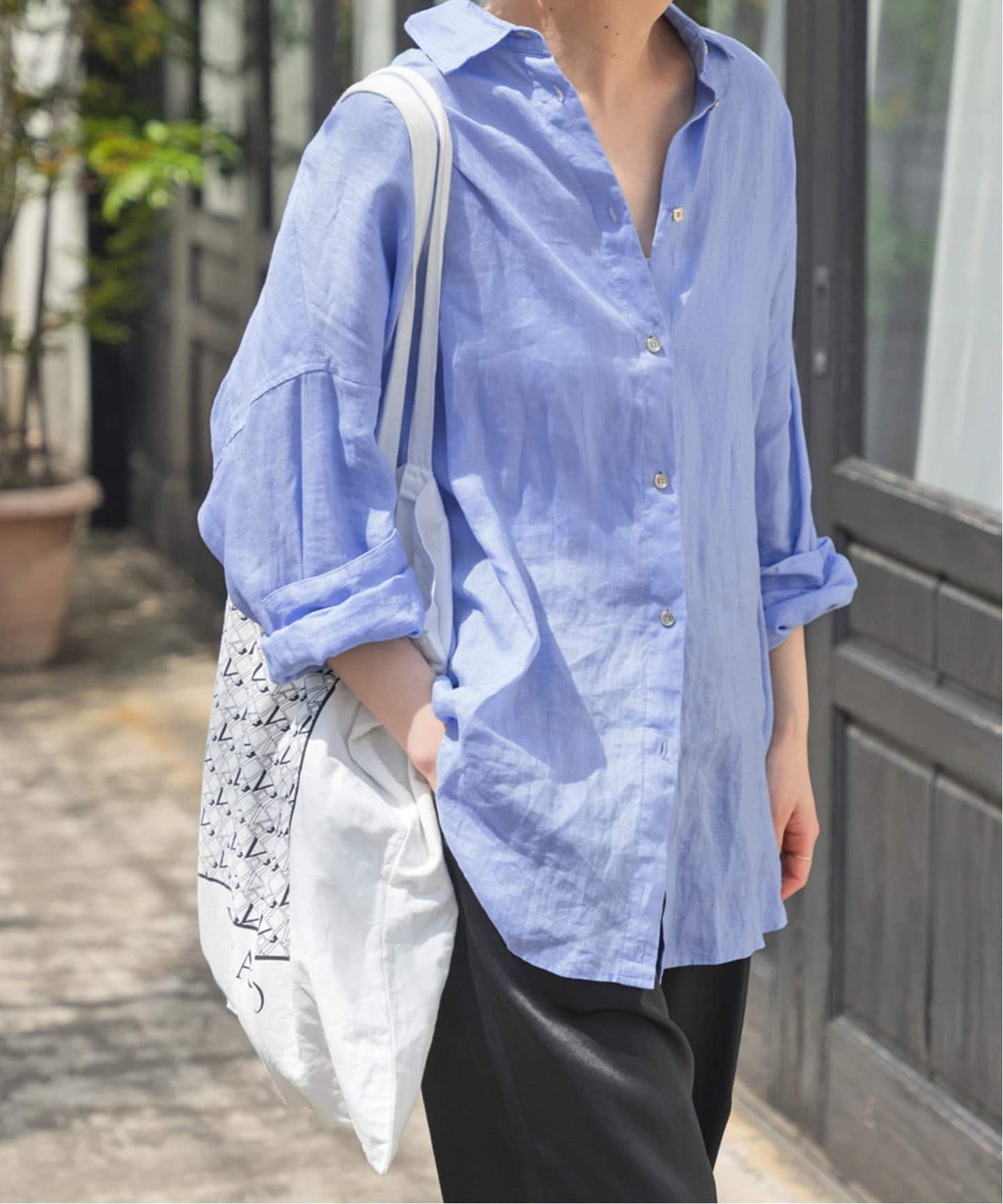 【スピック&スパン/Spick & Span】の《追加3》80リネンカシュクールビッグシャツ インテリア・キッズ・メンズ・レディースファッション・服の通販 founy(ファニー) 　ファッション　Fashion　レディースファッション　Fashion for Women　トップス・カットソー　Cut & Sew Tops　シャツ・ブラウス・オフィスカジュアル　Elegant Blouses & Button-Ups　リネン　Linen, Linen Fabric　リラックス　Relax, Relaxed Fit　再入荷　Restock / Back in Stock　サックスブルー|ID: prp329100004581358 ipo3291000000033719951