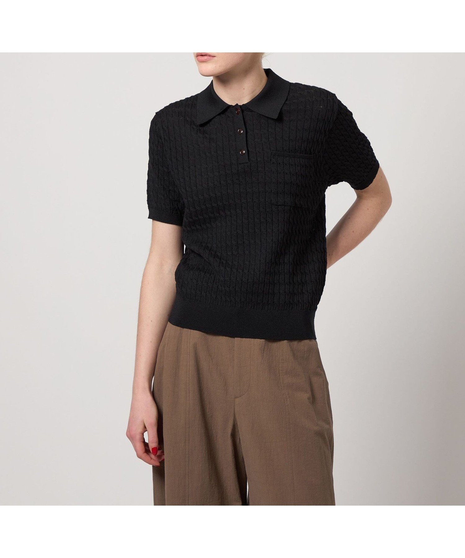 【ビューティ&ユース ユナイテッドアローズ/BEAUTY&YOUTH / UNITED ARROWS】のSteven Alan ケーブル ポロニット インテリア・キッズ・メンズ・レディースファッション・服の通販 founy(ファニー) 　ファッション　Fashion　レディースファッション　Fashion for Women　トップス・カットソー　Cut & Sew Tops　ニット　Knit Tops & Sweaters　コンパクト　Compact, Small Size　ショート　Short, Short Length　シンプル　Simple, Minimal　スリーブ　Sleeve, Long Sleeve / Short Sleeve　フロント　Front, Front Design　ポケット　Pocket, Pocket Detail　エレガント 上品　Elegant　夏　Summer　春　Spring　S/S・春夏　SS, Spring/Summer, Warm Season　BLACK|ID: prp329100004581451 ipo3291000000033621282