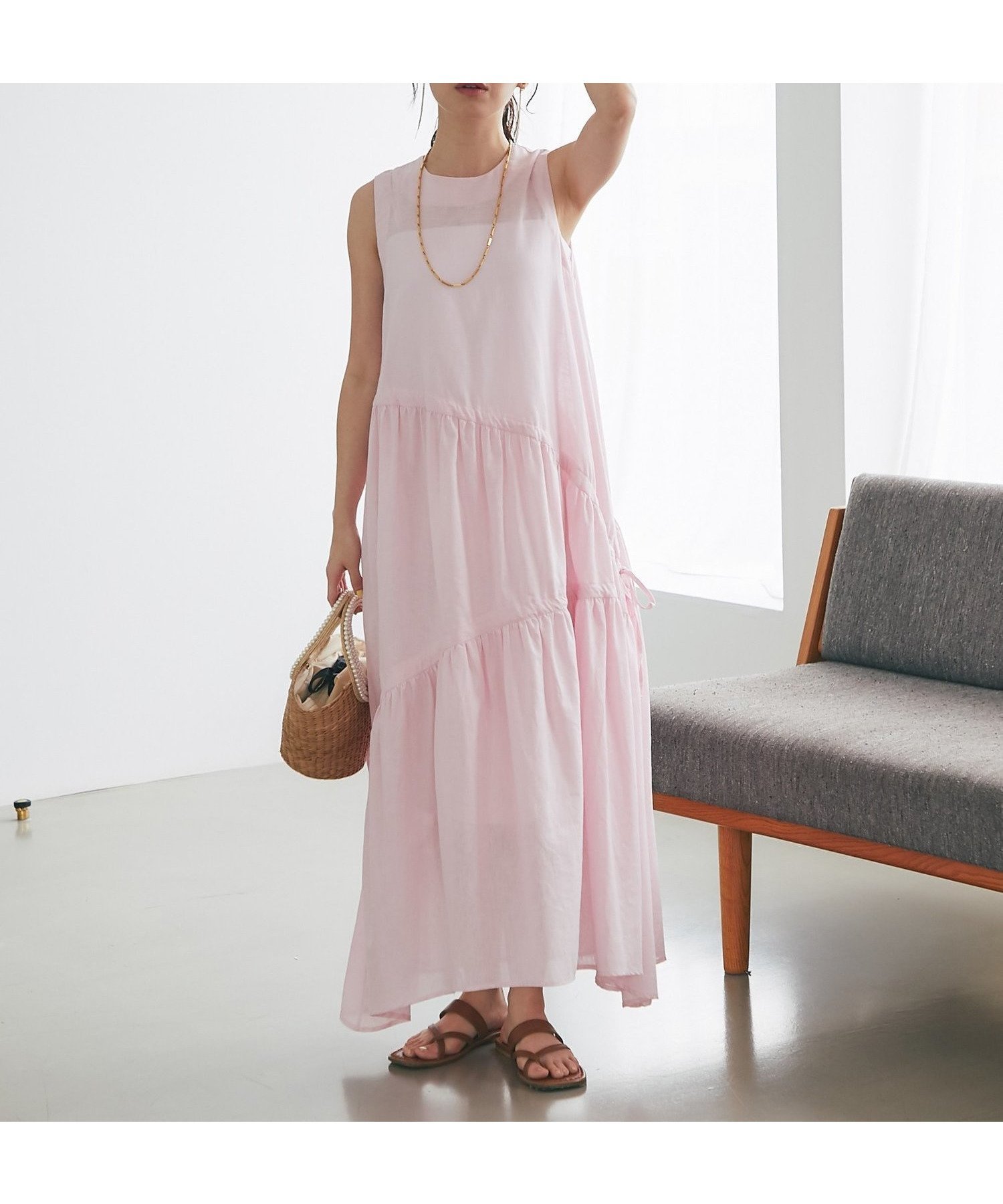 【ラブティックボンボン/La boutique BonBon】の【最強愛されワンピ】アシンメトリーリボンリネンミックスワンピース インテリア・キッズ・メンズ・レディースファッション・服の通販 founy(ファニー) 　ファッション　Fashion　レディースファッション　Fashion for Women　ワンピース　Dresses　アシンメトリー　Asymmetrical Style　ティアード　Tiered, Tiered Style　ティアードワンピース　Tiered Dress, Flared Dress　デコルテ　Décolleté, Neckline　ドレープ　Drape, Draping Fabric　ノースリーブ　Sleeveless, No-Sleeve　ポケット　Pocket, Pocket Detail　モチーフ　Motif, Design Theme　リボン　Ribbon, Bow　リラックス　Relax, Relaxed Fit　ワンポイント　One Point, Statement Accent　夏　Summer　ピンク|ID: prp329100004581534 ipo3291000000033051771