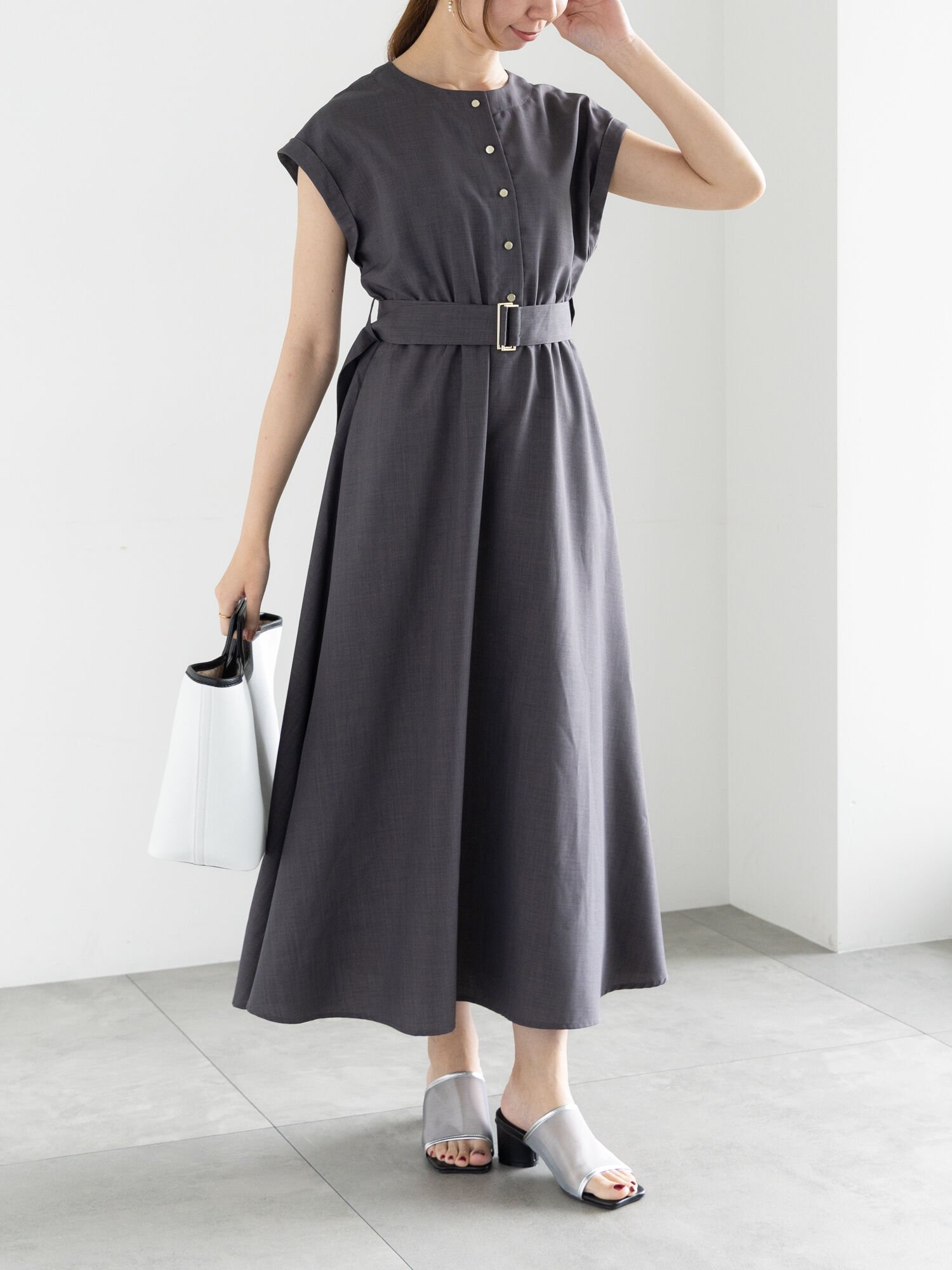 【テチチ/Te chichi】のリネンライクウエストマークワンピース インテリア・キッズ・メンズ・レディースファッション・服の通販 founy(ファニー) 　ファッション　Fashion　レディースファッション　Fashion for Women　ワンピース　Dresses　フレア　Flare, Flared　エレガント 上品　Elegant　ビジネス 仕事 通勤　Business / Work / Commuting　グレー|ID: prp329100004582020 ipo3291000000033567241