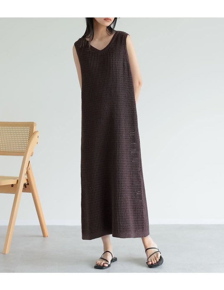 【リエディ/Re:EDIT】のメッシュニットワンピース インテリア・キッズ・メンズ・レディースファッション・服の通販 founy(ファニー) 　ファッション　Fashion　レディースファッション　Fashion for Women　ワンピース　Dresses　ニットワンピース　Knit Dresses　キャップ　Cap, Baseball Cap　キャミワンピース　Cami Dress, Slip Dress　コンパクト　Compact, Small Size　サンダル　Sandals, Summer Shoes　ダウン　Down, Puffer　トレンド　Trend, Trending Now　バランス　Balance, Style Balance　フラット　Flat, Flat Shoes　リゾート　Resort, Vacation Style　ループ　Loop, Loop Knit　おすすめ　Recommended / Our Picks　夏　Summer　エレガント 上品　Elegant　ブラウン|ID: prp329100004582111 ipo3291000000033556247