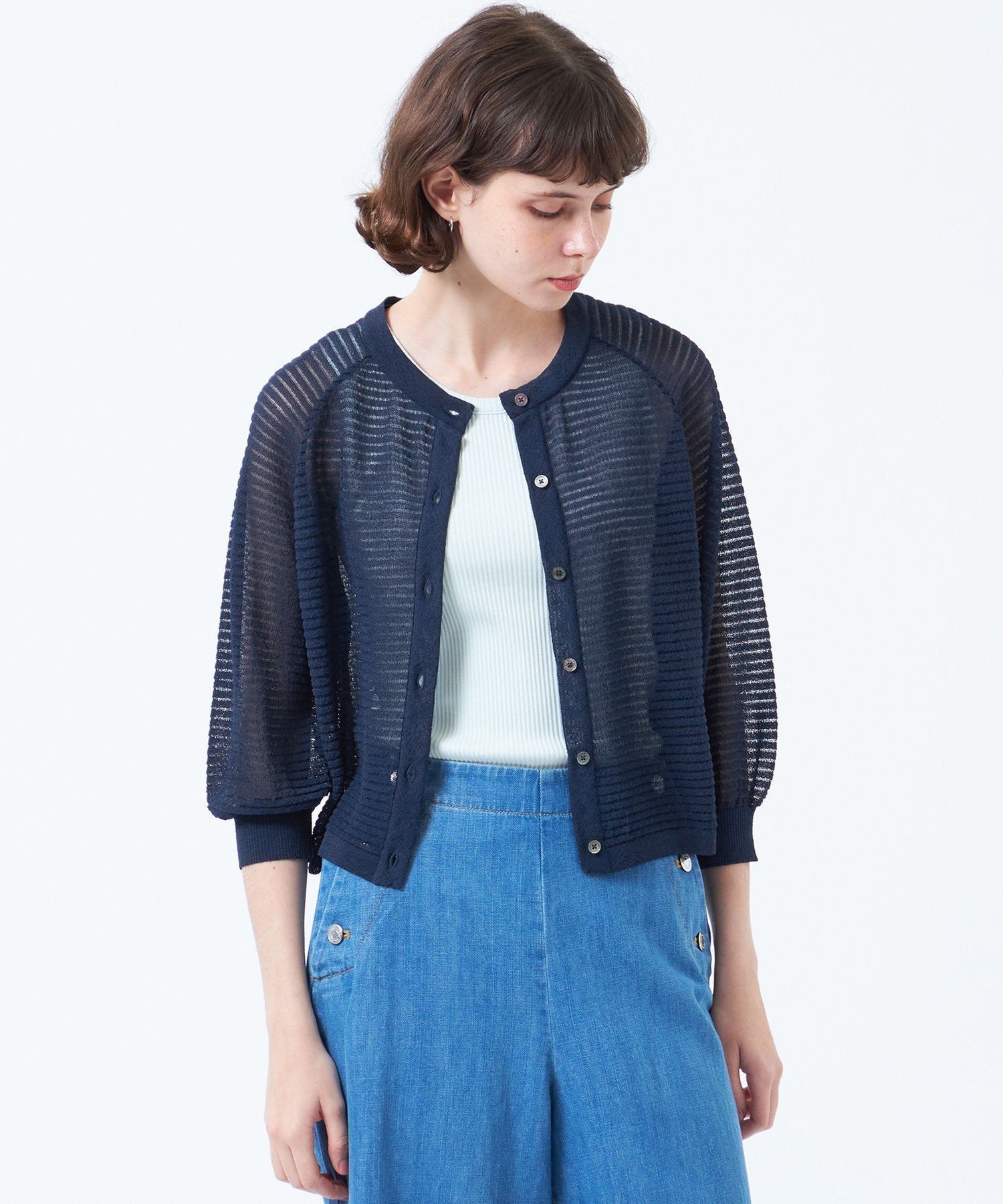 【マッキントッシュ フィロソフィー/MACKINTOSH PHILOSOPHY】のシアーボーダーカーディガン インテリア・キッズ・メンズ・レディースファッション・服の通販 founy(ファニー) 　ファッション　Fashion　レディースファッション　WOMEN　トップス・カットソー　Tops/Tshirt　カーディガン　Cardigans　おすすめ　Recommend　スリーブ　Sleeve　ボーダー　Border　夏　Summer　春　Spring　秋　Autumn/Fall　ネイビー|ID: prp329100004582769 ipo3291000000032474611