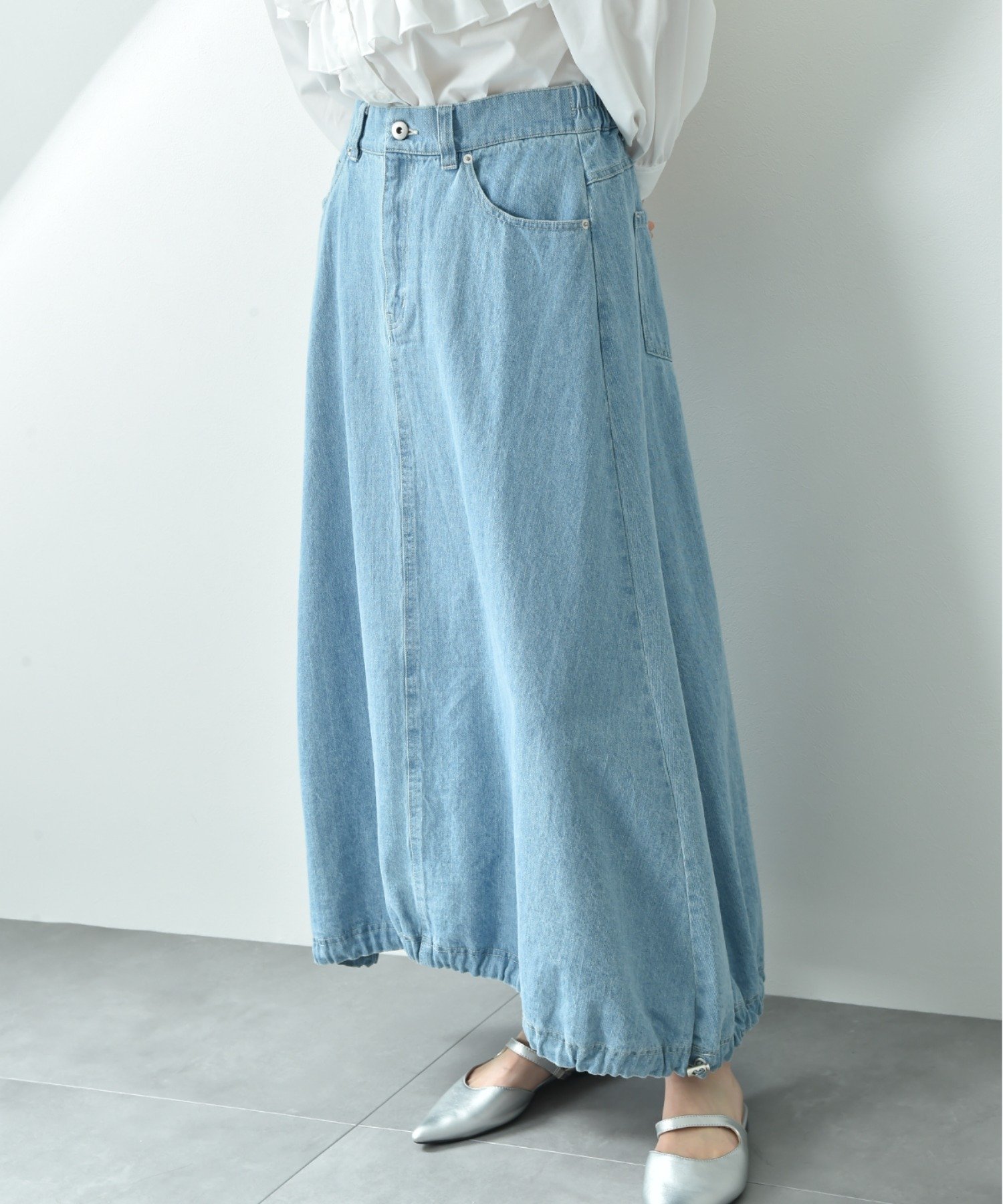 【インタープラネット/INTERPLANET】のドロストコクーンデニムスカート 人気、トレンドファッション・服の通販 founy(ファニー) 　ファッション　Fashion　レディースファッション　Ladies' Fashion Online　スカート　Skirt　デニムスカート　Denim Skirts　デニム　Denim　ヘムライン　Hemline　 other-1|ID: prp329100004583748 ipo3291000000032678944