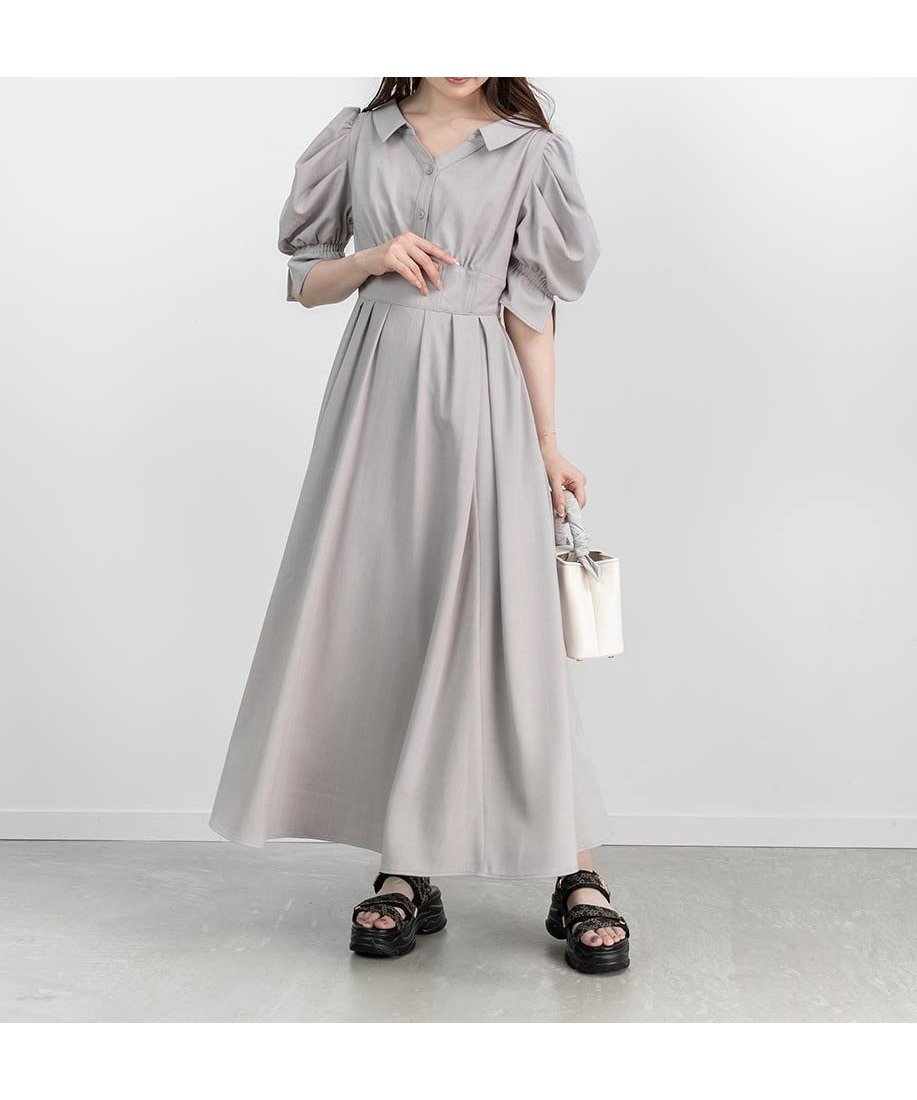 【ランダ/RANDA】のウエストタックフレアワンピース インテリア・キッズ・メンズ・レディースファッション・服の通販 founy(ファニー) 　ファッション　Fashion　レディースファッション　Ladies' Fashion Online　ワンピース　Dress　インナーキャミ　Inner Cami　シューズ　Shoes　シンプル　Simple　ストライプ　Stripe　スリーブ　Sleeve　デコルテ　Decolletage　フレア　Flare　GRAY|ID: prp329100004583919 ipo3291000000032700384