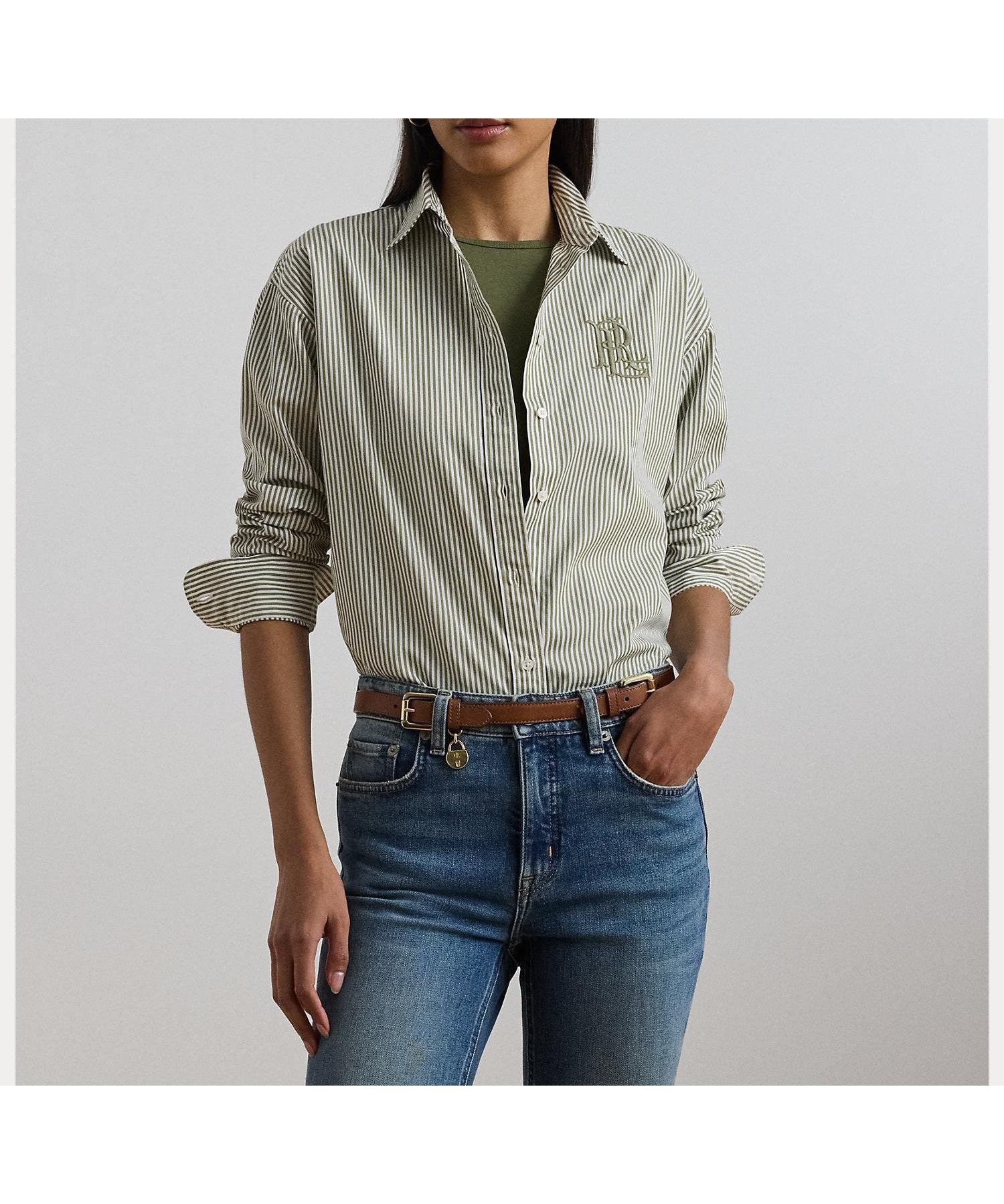 【ラルフローレン/RALPH LAUREN】のリラックス フィット ストライプド ブロードクロス シャツ インテリア・キッズ・メンズ・レディースファッション・服の通販 founy(ファニー) 　ファッション　Fashion　レディースファッション　Ladies' Fashion Online　トップス・カットソー　Tops/Tshirt　シャツ/ブラウス　Shirts/Blouses　カフス　Cuffs　ショルダー　Shoulder　ストライプ　Stripe　ドロップ　Drop　定番　Standard　長袖　Long Sleeve　フィット　Fit　ブロード　Broad　ヨーク　Yoke　ラウンド　Round　リラックス　Relax　300グリーン|ID: prp329100004584060 ipo3291000000032577124