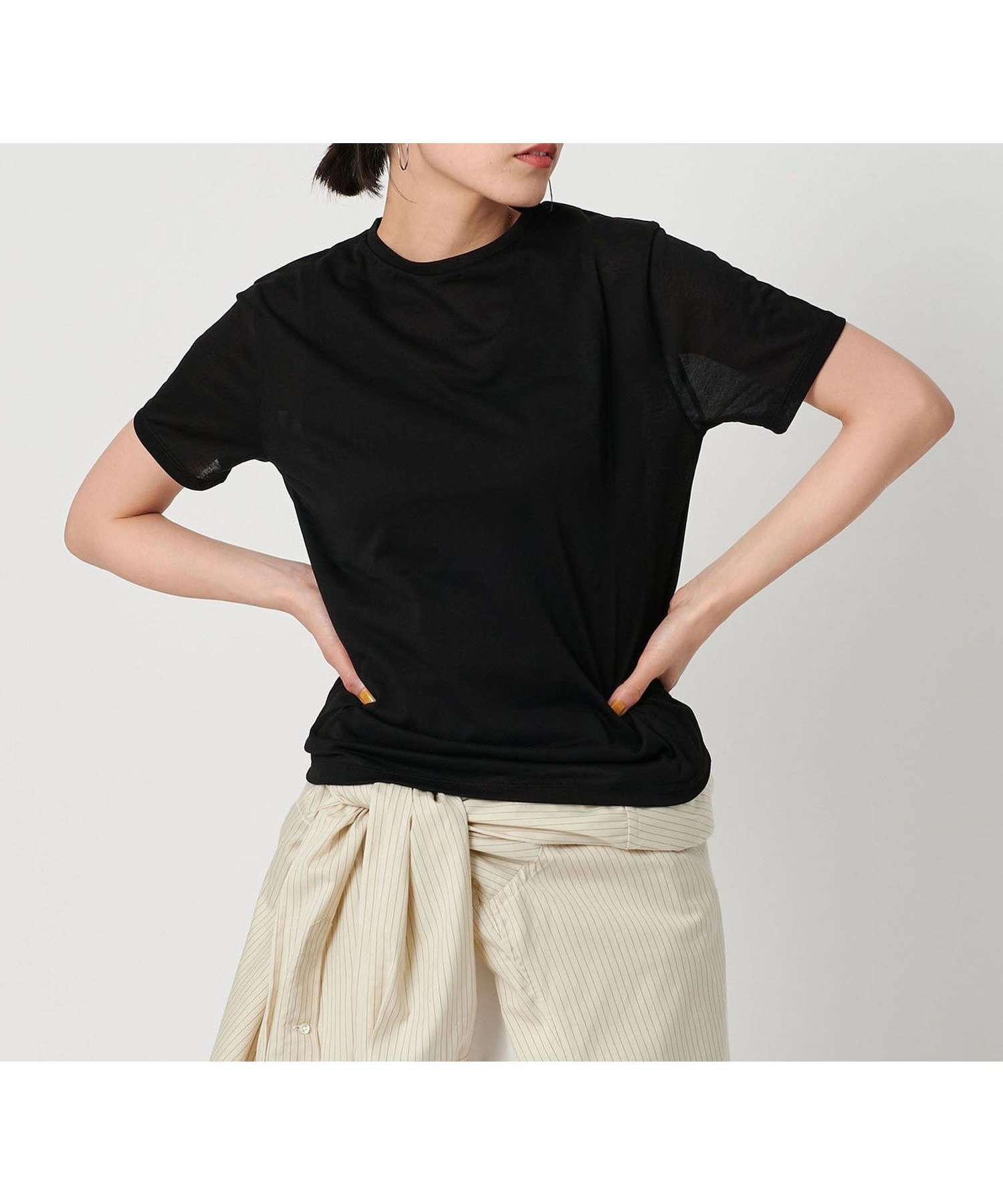 【ビューティ&ユース ユナイテッドアローズ/BEAUTY&YOUTH / UNITED ARROWS】のコットンナイロン天竺 シアー クルーネック ショートスリーブTシャツ インテリア・キッズ・メンズ・レディースファッション・服の通販 founy(ファニー) 　ファッション　Fashion　レディースファッション　Fashion for Women　トップス・カットソー　Cut & Sew Tops　シャツ・ブラウス・オフィスカジュアル　Elegant Blouses & Button-Ups　ロングTシャツ・Tシャツ　Longline T-Shirts & Tees　インナー　Innerwear　サロペット　Overalls, Salopette　シアー　Sheer, See-Through　ショート　Short, Short Length　ジャケット　Jacket, Outerwear　スリーブ　Sleeve, Long Sleeve / Short Sleeve　トレンド　Trend, Trending Now　人気　Popular, Best Seller　半袖　Short Sleeve, Half Sleeve　定番　Standard, Basic Item　BLACK|ID: prp329100004584894 ipo3291000000032730689