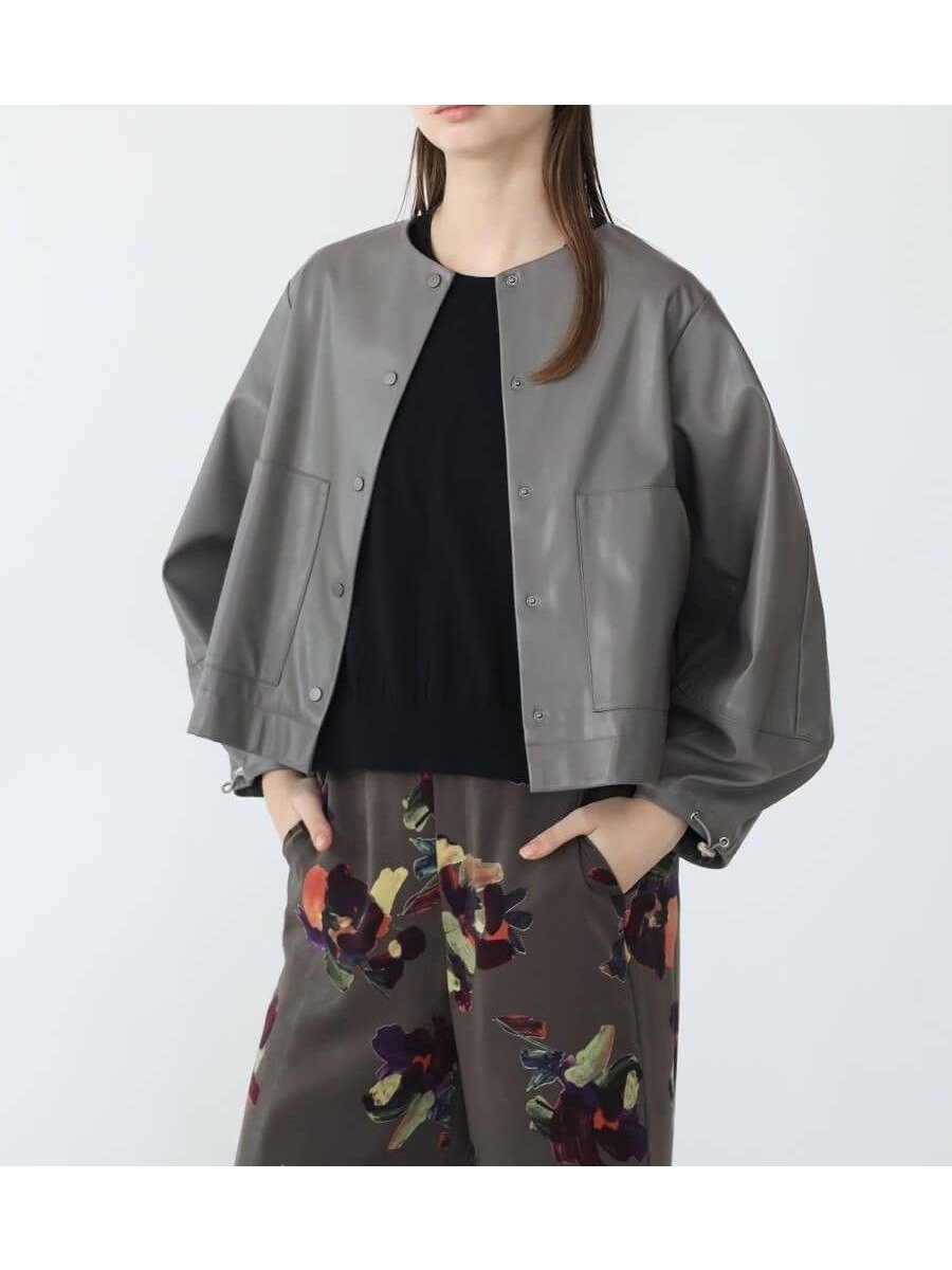 【ラシュッド/LASUD】のエコレザーノーカラーブルゾン インテリア・キッズ・メンズ・レディースファッション・服の通販 founy(ファニー) 　ファッション　Fashion　レディースファッション　Fashion for Women　アウター　Coat / Outerwear Collection　ブルゾンジャケット・スポーティアウター　Blouson Jackets　コラボ　Collaboration, Collab　コンパクト　Compact, Small Size　軽量　Lightweight, Ultra Light　スリーブ　Sleeve, Long Sleeve / Short Sleeve　ダブル　Double, Double-Breasted　バランス　Balance, Style Balance　おすすめ　Recommended / Our Picks　エレガント 上品　Elegant　グレー|ID: prp329100004585252 ipo3291000000032511075