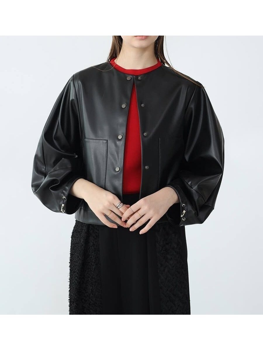 【ラシュッド/LASUD】のエコレザーノーカラーブルゾン インテリア・キッズ・メンズ・レディースファッション・服の通販 founy(ファニー) 　ファッション　Fashion　レディースファッション　Fashion for Women　アウター　Coat / Outerwear Collection　ブルゾンジャケット・スポーティアウター　Blouson Jackets　コラボ　Collaboration, Collab　コンパクト　Compact, Small Size　軽量　Lightweight, Ultra Light　スリーブ　Sleeve, Long Sleeve / Short Sleeve　ダブル　Double, Double-Breasted　バランス　Balance, Style Balance　おすすめ　Recommended / Our Picks　エレガント 上品　Elegant　ブラック|ID: prp329100004585252 ipo3291000000032511076