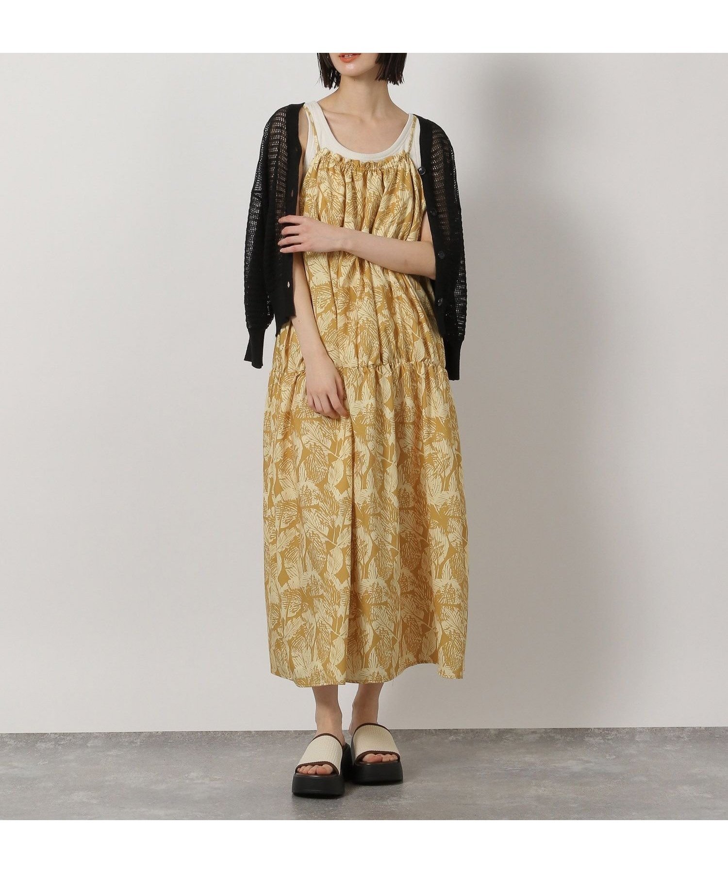 【ラコレ/LAKOLE】の2WAYリーフ柄キャミワンピース インテリア・キッズ・メンズ・レディースファッション・服の通販 founy(ファニー) 　ファッション　Fashion　レディースファッション　Ladies' Fashion Online　ワンピース　Dress　キャミワンピース　No Sleeve Dresses　インナー　Inner　カットソー　Cut And Sew　キャミワンピース　Cami Dress　ギャザー　Gather　スウェット　Sweat　ボトム　Bottom　リーフ　Leaf　イエロー|ID: prp329100004586128 ipo3291000000032519466
