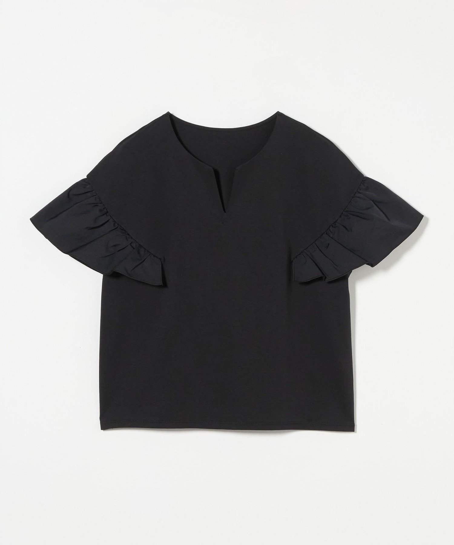 【ユナイテッドアローズ/UNITED ARROWS】のフリルスリーブ キーネックカットソー A DAY IN THE LIFE インテリア・キッズ・メンズ・レディースファッション・服の通販 founy(ファニー) 　ファッション　Fashion　レディースファッション　Fashion for Women　トップス・カットソー　Cut & Sew Tops　カットソー・ベーシックTシャツ　Cut-and-Sewn Tops / Stretch Tees & Basics　おすすめ　Recommended / Our Picks　カットソー　Cut and Sewn Top　スラックス　Slacks, Dress Pants　スリーブ　Sleeve, Long Sleeve / Short Sleeve　タフタ　Taffeta, Structured Fabric　フリル　Frill, Ruffle　プリント　Print, Printed Pattern　リゾート　Resort, Vacation Style　エレガント 上品　Elegant　ビジネス 仕事 通勤　Business / Work / Commuting　BLACK|ID: prp329100004586182 ipo3291000000033438358