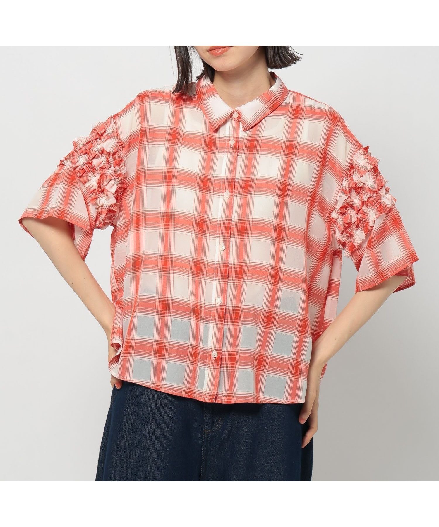 【ニコアンド/niko and】のシアーオンブレチェックフリルシャツ インテリア・キッズ・メンズ・レディースファッション・服の通販 founy(ファニー) 　ファッション　Fashion　レディースファッション　Ladies' Fashion Online　トップス・カットソー　Tops/Tshirt　シャツ/ブラウス　Shirts/Blouses　おすすめ　Recommend　シアー　Sheer　シンプル　Simple　タンク　Tank　チェック　Check　ノースリーブ　No Sleeve　バランス　Balance　フリル　Frills　エレガント 上品　Elegant　半袖　Short Sleeve　夏　Summer　レッド|ID: prp329100004586315 ipo3291000000032609413