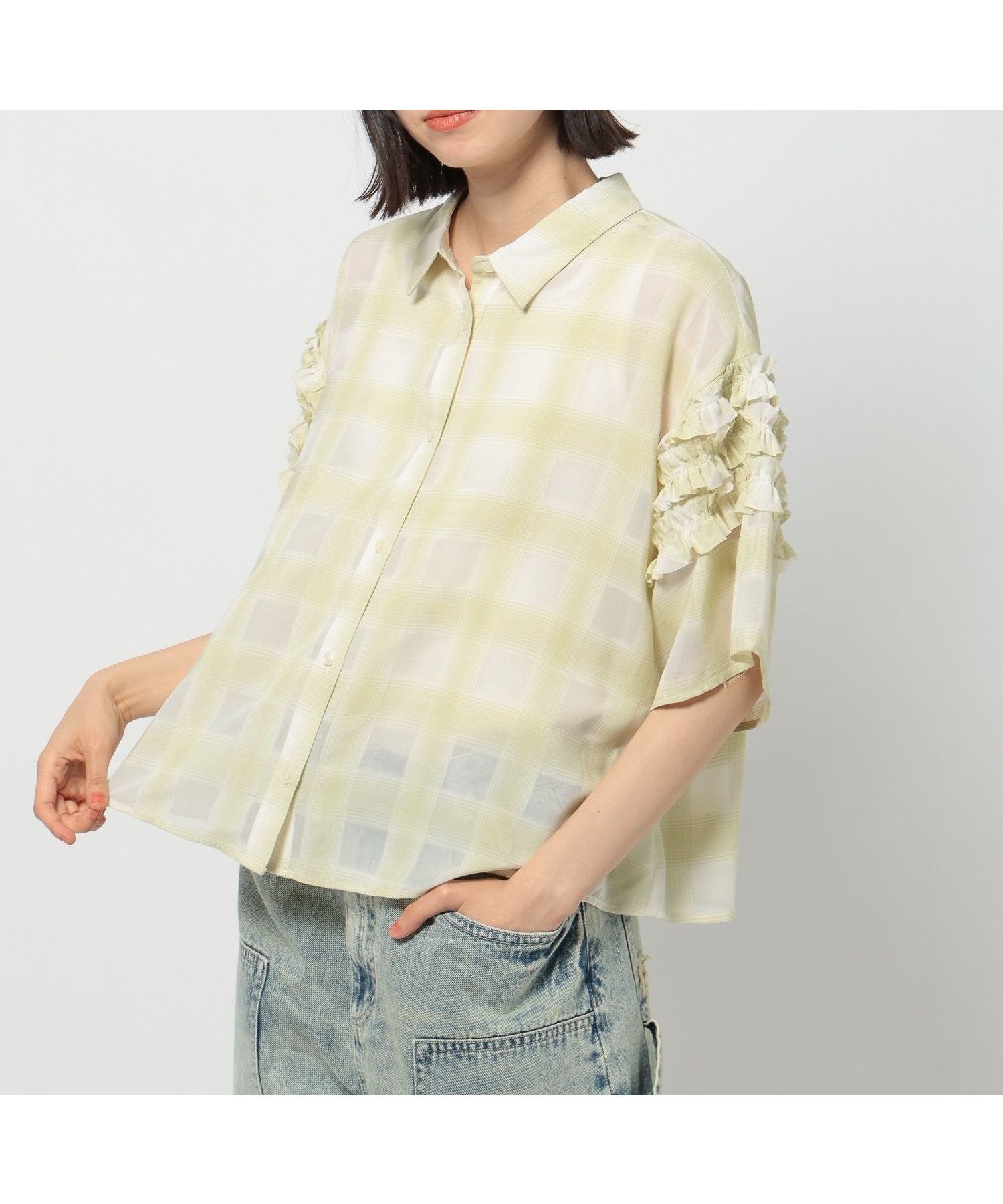 【ニコアンド/niko and】のシアーオンブレチェックフリルシャツ インテリア・キッズ・メンズ・レディースファッション・服の通販 founy(ファニー) 　ファッション　Fashion　レディースファッション　Ladies' Fashion Online　トップス・カットソー　Tops/Tshirt　シャツ/ブラウス　Shirts/Blouses　おすすめ　Recommend　シアー　Sheer　シンプル　Simple　タンク　Tank　チェック　Check　ノースリーブ　No Sleeve　バランス　Balance　フリル　Frills　エレガント 上品　Elegant　半袖　Short Sleeve　夏　Summer　ライム|ID: prp329100004586315 ipo3291000000032609417