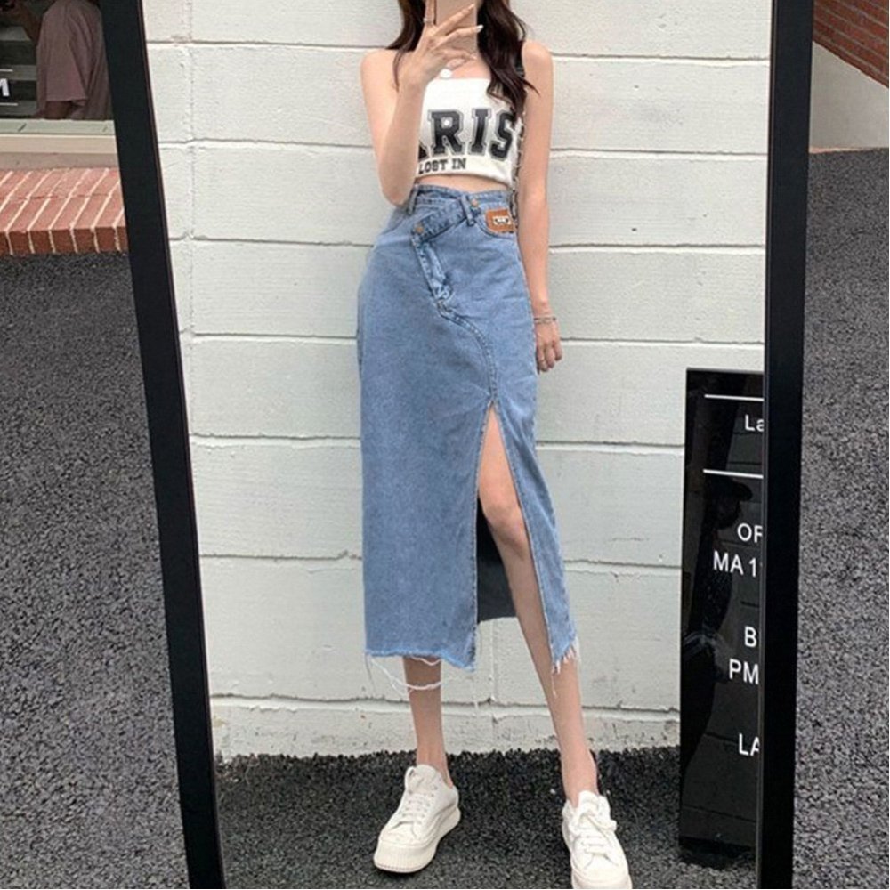 【ミニミニストア/miniministore】のデニムスカート ウエストレイヤード風美脚 インテリア・キッズ・メンズ・レディースファッション・服の通販 founy(ファニー) 　ファッション　Fashion　レディースファッション　Ladies' Fashion Online　スカート　Skirt　デニムスカート　Denim Skirts　アシンメトリー　Asymmetry　インディゴ　Indigo　カットオフ　Cut Off　ストレート　Straight　スリット　Slit　タイトスカート　Tight Skirt　デニム　Denim　トレンド　Trend　ミモレ　Mimore　無地　Plain Color　サックス|ID: prp329100004586978 ipo3291000000032669845
