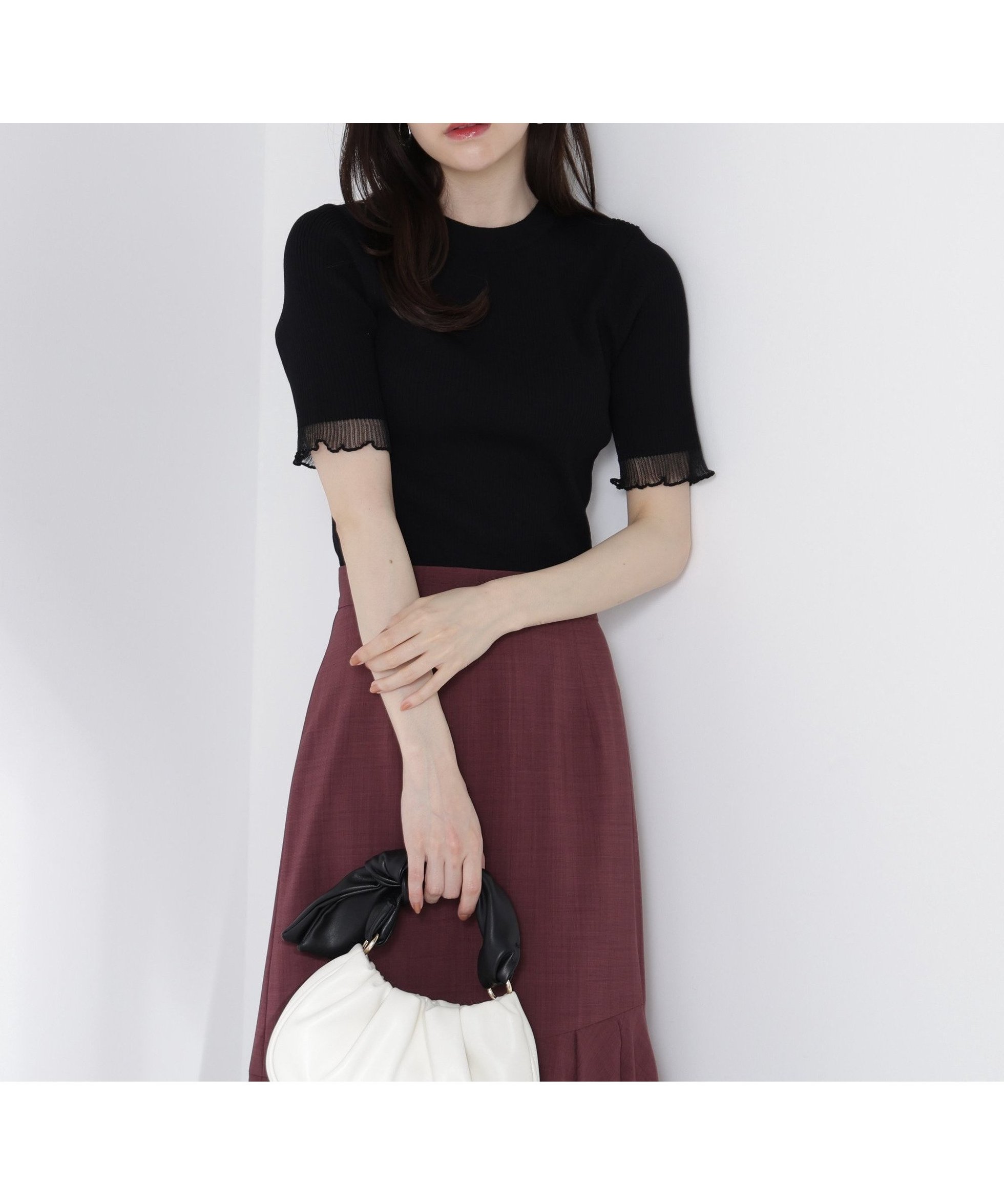 【プロポーション ボディドレッシング/PROPORTION BODY DRESSING】の部分シアー半袖リブニット インテリア・キッズ・メンズ・レディースファッション・服の通販 founy(ファニー) 　ファッション　Fashion　レディースファッション　Ladies' Fashion Online　トップス・カットソー　Tops/Tshirt　ニット　Knit Tops　シアー　Sheer　シンプル　Simple　リブニット　Rib Knit　半袖　Short Sleeve　ブラック|ID: prp329100004587419 ipo3291000000032533785