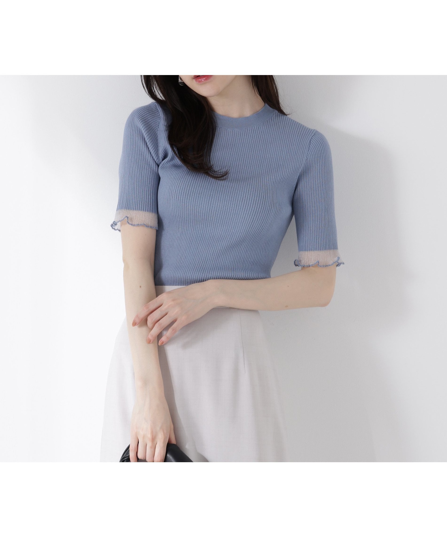 【プロポーション ボディドレッシング/PROPORTION BODY DRESSING】の部分シアー半袖リブニット インテリア・キッズ・メンズ・レディースファッション・服の通販 founy(ファニー) 　ファッション　Fashion　レディースファッション　Ladies' Fashion Online　トップス・カットソー　Tops/Tshirt　ニット　Knit Tops　シアー　Sheer　シンプル　Simple　リブニット　Rib Knit　半袖　Short Sleeve　ブルー|ID: prp329100004587419 ipo3291000000032533786