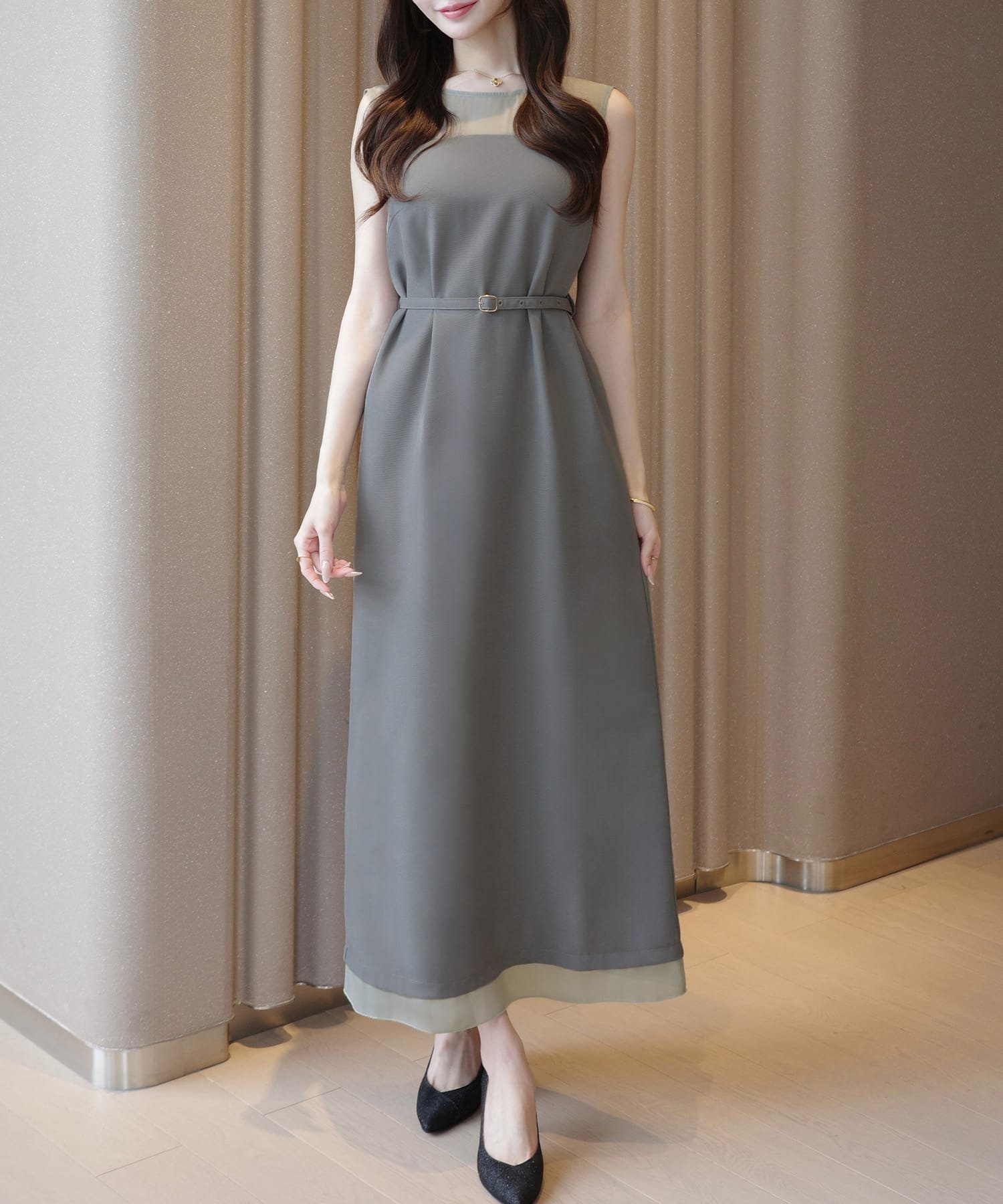 【ジュノア/JUNOAH】のシアードッキングベルト付きIラインワンピース インテリア・キッズ・メンズ・レディースファッション・服の通販 founy(ファニー) 　ファッション　Fashion　レディースファッション　Ladies' Fashion Online　ワンピース　Dress　ベルト　Belts　グレー|ID: prp329100004587797 ipo3291000000032637555