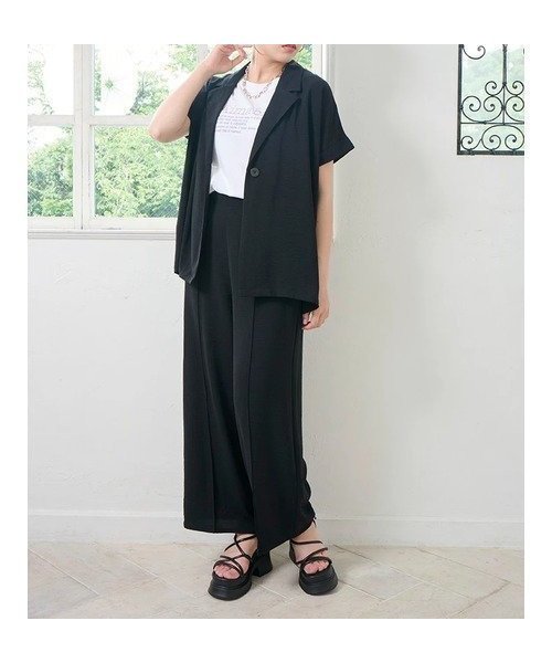 【その他のブランド/Other】の【接触冷感・吸水速乾】 SET 半袖ジャケット×ワイドパンツ インテリア・キッズ・メンズ・レディースファッション・服の通販 founy(ファニー) 　ファッション　Fashion　レディースファッション　Ladies' Fashion Online　アウター　Coat Outerwear　ジャケット　Jackets　今季　This Season　吸水　Water Absorption　ジャケット　Jacket　ストレッチ　Stretch　セットアップ　Set Up　トレンド　Trend　ポケット　Pocket　半袖　Short Sleeve　羽織　Haori　ワイド　Wide　黒|ID: prp329100004587801 ipo3291000000032539047