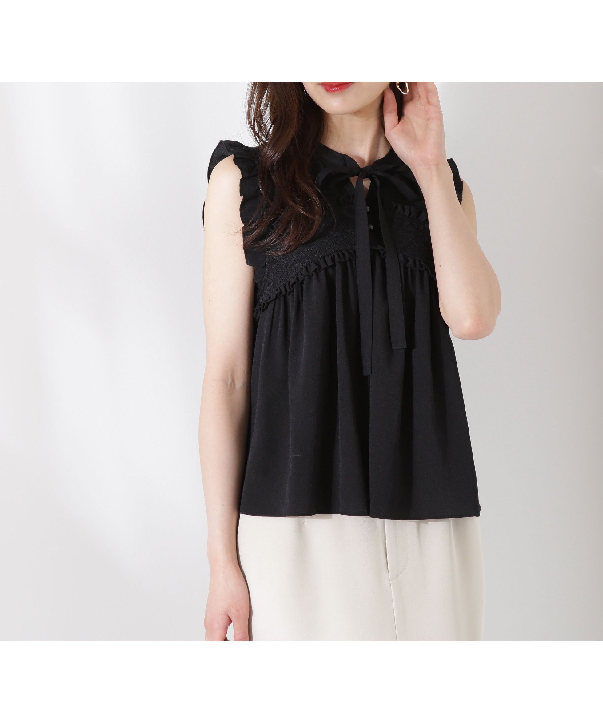 【プロポーション ボディドレッシング/PROPORTION BODY DRESSING】のレースドッキングボウタイブラウス インテリア・キッズ・メンズ・レディースファッション・服の通販 founy(ファニー) 　ファッション　Fashion　レディースファッション　Fashion for Women　トップス・カットソー　Cut & Sew Tops　シャツ・ブラウス・オフィスカジュアル　Elegant Blouses & Button-Ups　デニム　Denim, Jeans Material　フリル　Frill, Ruffle　ボヘミアン　Bohemian, Ethnic Style　レース　Lace, Lace Fabric　ブラック|ID: prp329100004587887 ipo3291000000033549277