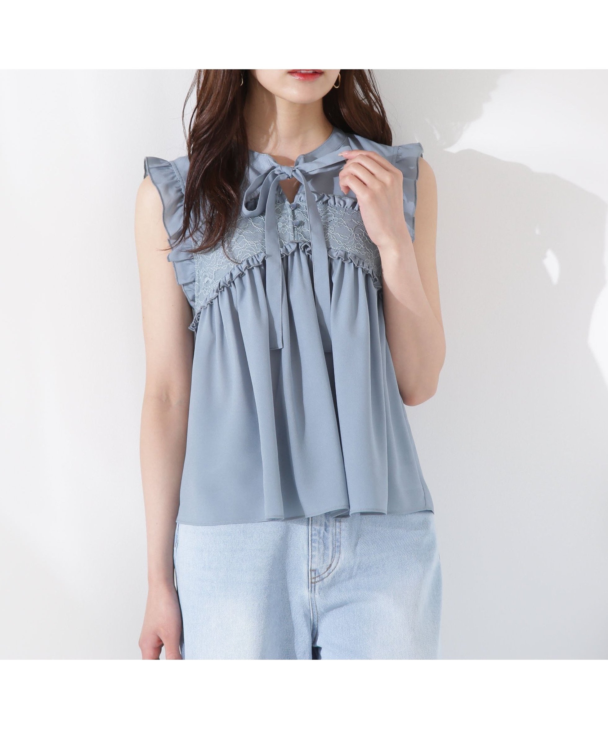 【プロポーション ボディドレッシング/PROPORTION BODY DRESSING】のレースドッキングボウタイブラウス インテリア・キッズ・メンズ・レディースファッション・服の通販 founy(ファニー) 　ファッション　Fashion　レディースファッション　Fashion for Women　トップス・カットソー　Cut & Sew Tops　シャツ・ブラウス・オフィスカジュアル　Elegant Blouses & Button-Ups　デニム　Denim, Jeans Material　フリル　Frill, Ruffle　ボヘミアン　Bohemian, Ethnic Style　レース　Lace, Lace Fabric　ブルー|ID: prp329100004587887 ipo3291000000033549280