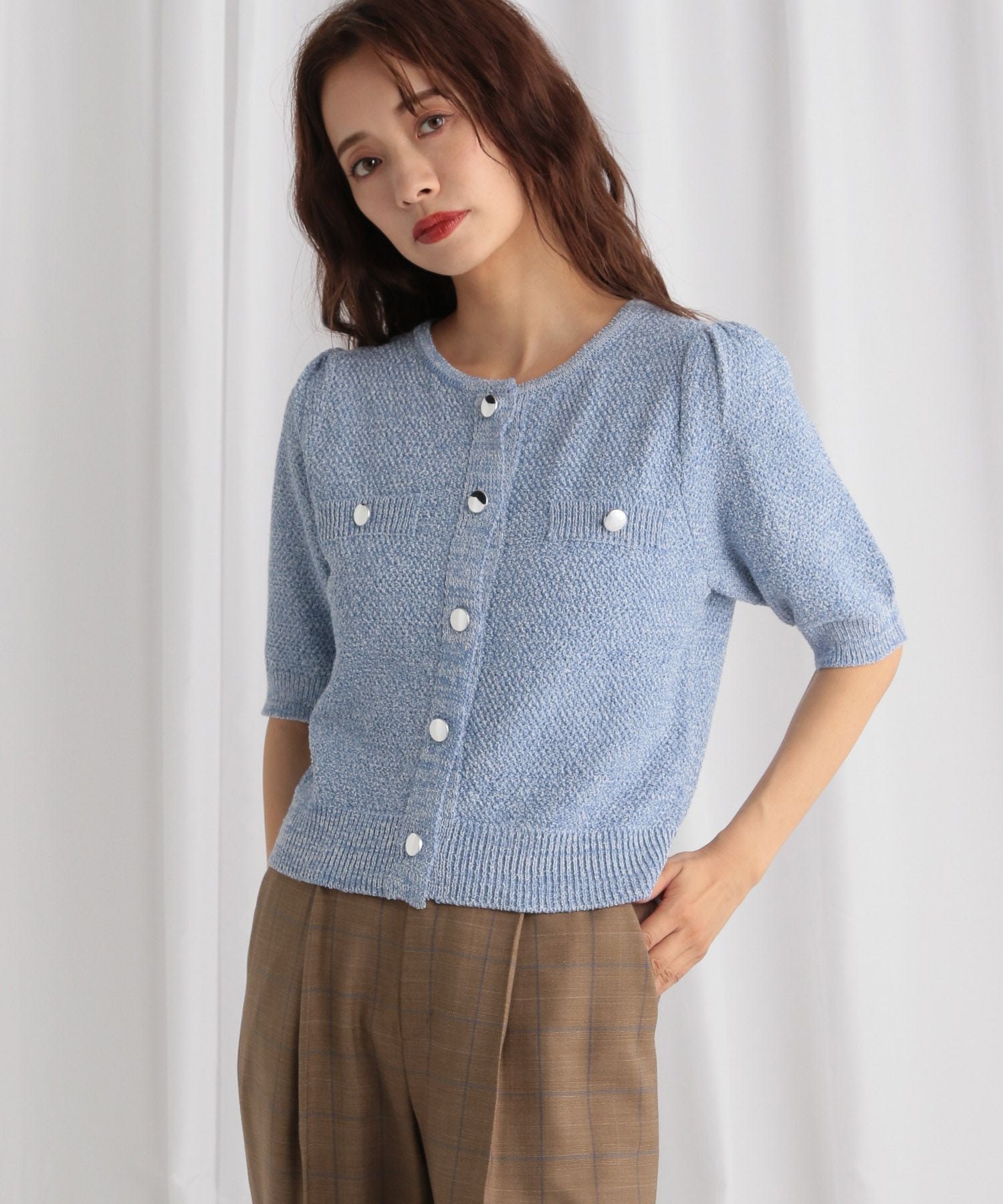 【ミスティ ウーマン/mysty woman】のサマーツイードライクカーディガンSS インテリア・キッズ・メンズ・レディースファッション・服の通販 founy(ファニー) 　ファッション　Fashion　レディースファッション　Fashion for Women　トップス・カットソー　Cut & Sew Tops　カーディガン・羽織り　Layered Style Cardigans　カーディガン　Cardigan, Knitwear　コンパクト　Compact, Small Size　ショート　Short, Short Length　スリーブ　Sleeve, Long Sleeve / Short Sleeve　ダウン　Down, Puffer　ツイード　Twill, Twill Weave　デニム　Denim, Jeans Material　バランス　Balance, Style Balance　フェミニン　Feminine, Girly　リュクス　Luxury, Elegant, High-End, Chic　半袖　Short Sleeve, Half Sleeve　夏　Summer　春　Spring　S/S・春夏　SS, Spring/Summer, Warm Season　ブルー|ID: prp329100004588399 ipo3291000000033628070