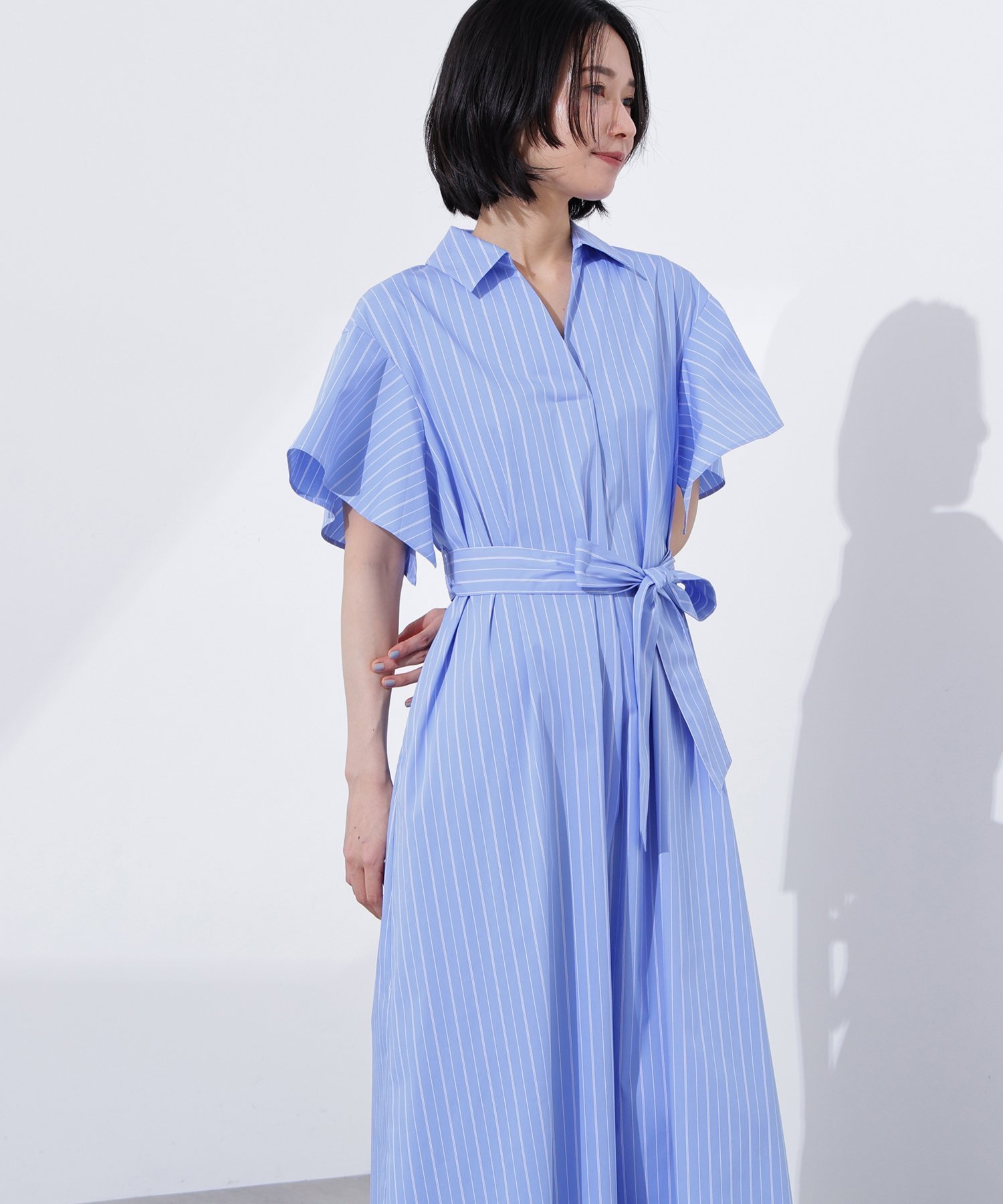 【エヌ ナチュラルビューティーベーシック/N.Natural Beauty basic】のスキッパーリボンベルトシャツワンピース インテリア・キッズ・メンズ・レディースファッション・服の通販 founy(ファニー) 　ファッション　Fashion　レディースファッション　Ladies' Fashion Online　ワンピース　Dress　シャツワンピース　Shirt Dresses　ベルト　Belts　スキッパー　Skipper　ストライプ　Stripe　スリーブ　Sleeve　フレア　Flare　ペンシル　Pencil　リボン　Ribbon　無地　Plain Color　ブルーストライプ2|ID: prp329100004588715 ipo3291000000032551929