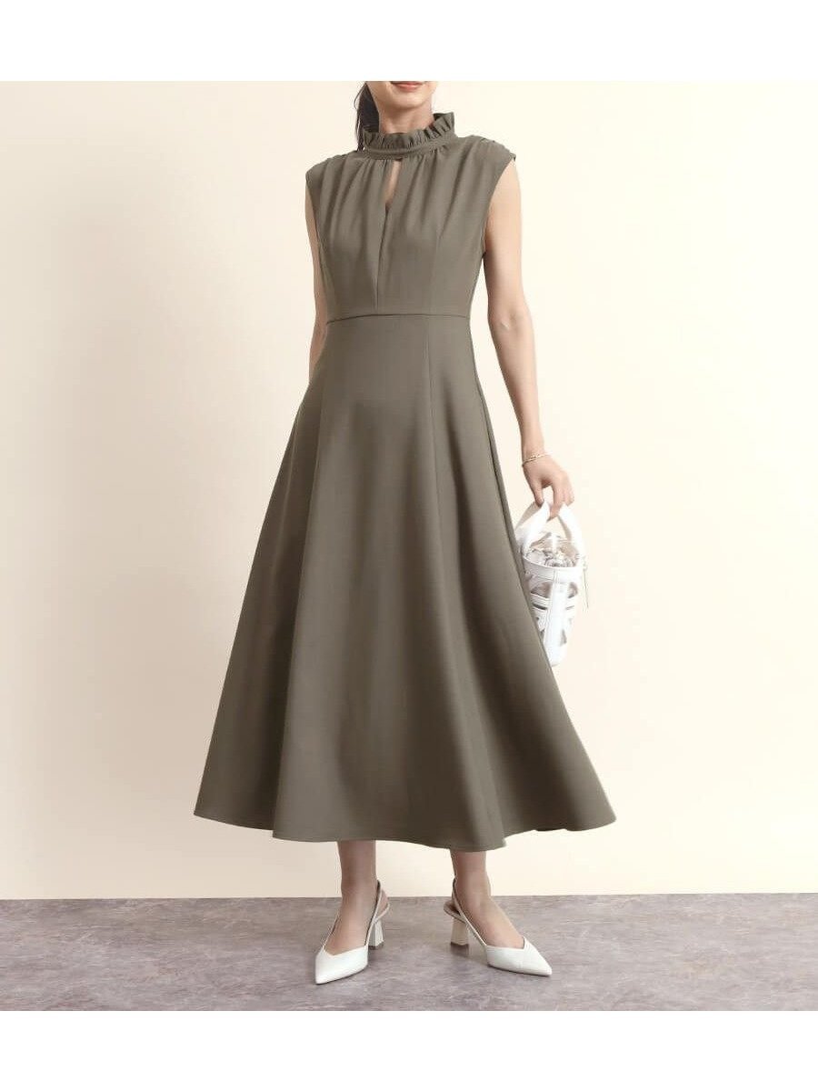 【ヴァン/Vin】のフリルネックフレアーワンピース インテリア・キッズ・メンズ・レディースファッション・服の通販 founy(ファニー) 　ファッション　Fashion　レディースファッション　Fashion for Women　ワンピース　Dresses　おすすめ　Recommended / Our Picks　エレガント 上品　Elegant　クラシカル　Classical, Vintage-Inspired　スリット　Slit, Slit Detail　フリル　Frill, Ruffle　ダークカーキ|ID: prp329100004588724 ipo3291000000033305011