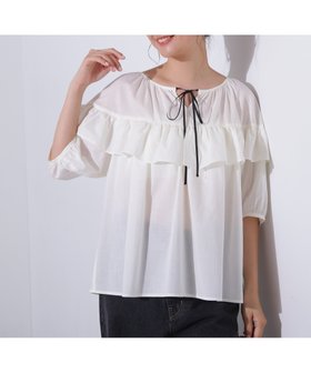 【エヌ ナチュラルビューティーベーシック/N.Natural Beauty basic】のラッフルバイカラーリボンブラウス 人気、トレンドファッション・服の通販 founy(ファニー) ファッション Fashion レディースファッション Fashion for Women トップス・カットソー Cut & Sew Tops シャツ・ブラウス・オフィスカジュアル Elegant Blouses & Button-Ups おすすめ Recommended / Our Picks カーゴパンツ Cargo Pants, Utility Pants シアー Sheer, See-Through デニム Denim, Jeans Material ラッフル Ruffle, Frill リボン Ribbon, Bow |ID:prp329100004589416