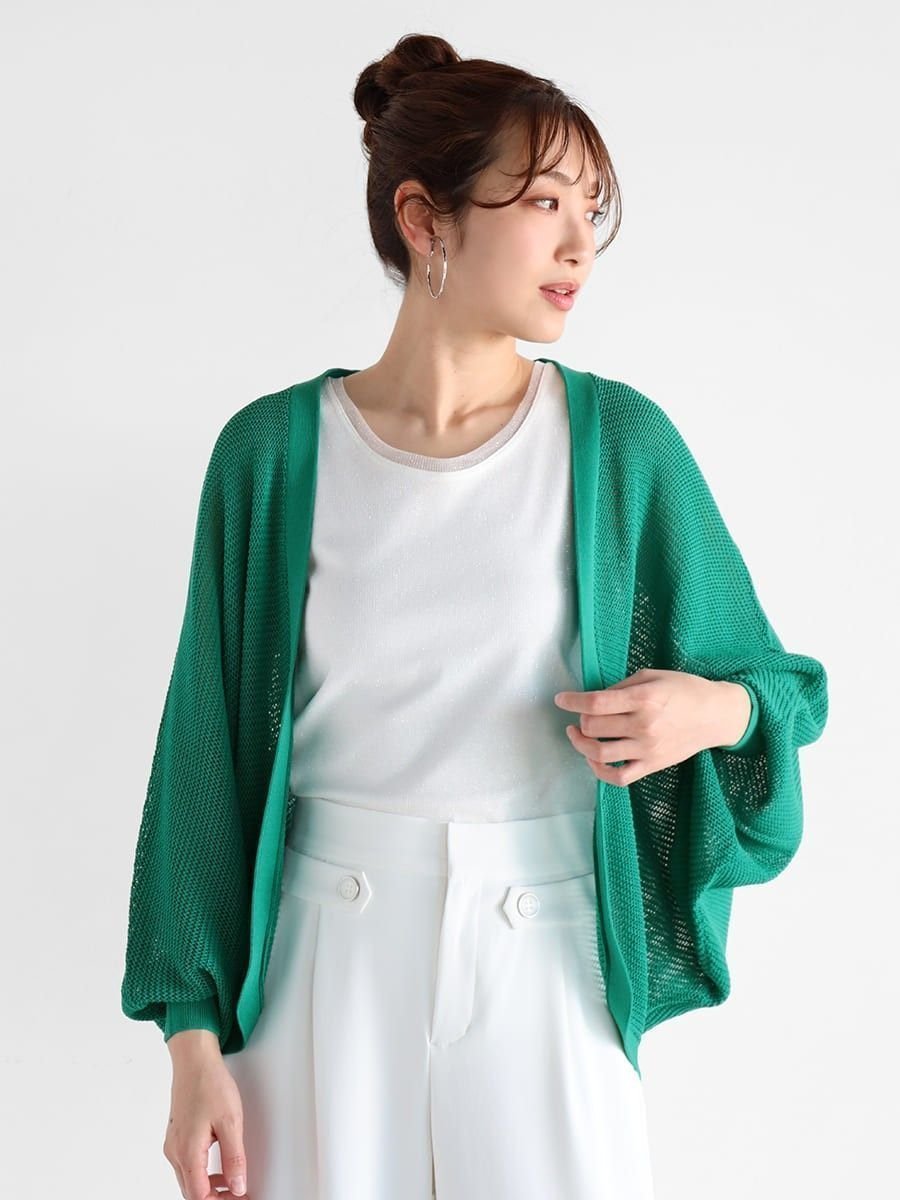 【ヴァン/Vin】のドルマンスリーブメッシュカーディガン インテリア・キッズ・メンズ・レディースファッション・服の通販 founy(ファニー) 　ファッション　Fashion　レディースファッション　Ladies' Fashion Online　トップス・カットソー　Tops/Tshirt　カーディガン　Cardigans　ショート　Short　バランス　Balance　メッシュ　Mesh　定番　Standard　グリーン|ID: prp329100004589457 ipo3291000000032660272