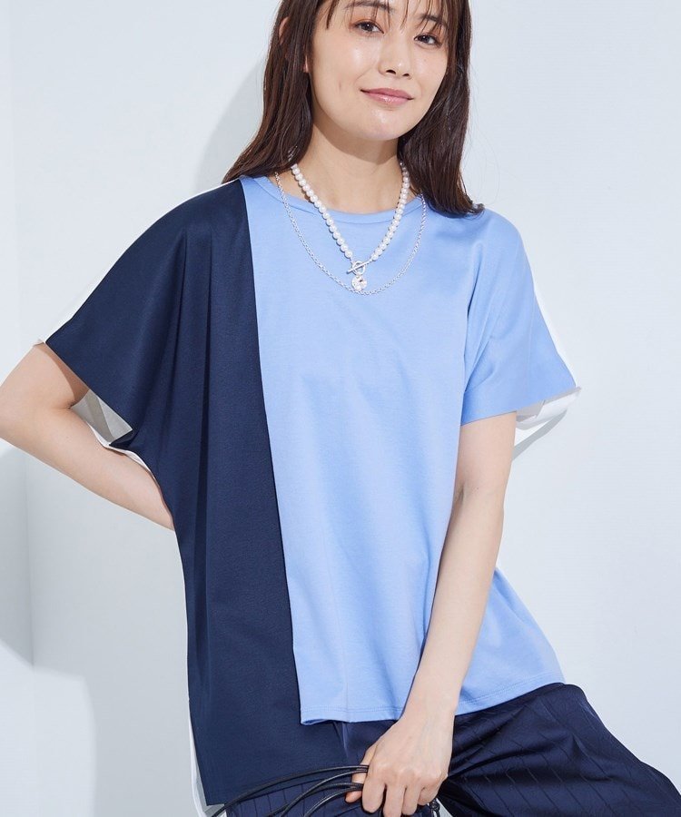 【インディヴィ/INDIVI】の【洗える/汗ジミ防止】バイカラー アシメヘム Tシャツ インテリア・キッズ・メンズ・レディースファッション・服の通販 founy(ファニー) 　ファッション　Fashion　レディースファッション　Ladies' Fashion Online　トップス・カットソー　Tops/Tshirt　シャツ/ブラウス　Shirts/Blouses　ロング / Tシャツ　T-Shirts　おすすめ　Recommend　イレギュラーヘム　Irregular Hem　スリット　Slit　デニム　Denim　バランス　Balance　ブロッキング　Blocking　エレガント 上品　Elegant　人気　Popularity　洗える　Washable　無地　Plain Color　ブルー|ID: prp329100004589552 ipo3291000000032642207