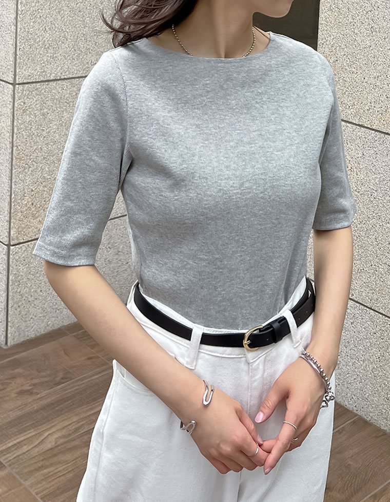 【リエディ/Re:EDIT】のテレコリブ5分袖トップス インテリア・キッズ・メンズ・レディースファッション・服の通販 founy(ファニー) 　ファッション　Fashion　レディースファッション　Fashion for Women　トップス・カットソー　Cut & Sew Tops　インナー　Innerwear　キャミワンピース　Cami Dress, Slip Dress　コンパクト　Compact, Small Size　サロペット　Overalls, Salopette　シンプル　Simple, Minimal　ジャケット　Jacket, Outerwear　スタイリッシュ　Stylish, Fashionable　ストレッチ　Stretch, Stretchy Fabric　デコルテ　Décolleté, Neckline　フェミニン　Feminine, Girly　半袖　Short Sleeve, Half Sleeve　リラックス　Relax, Relaxed Fit　ロング　Long, Long-Length　おすすめ　Recommended / Our Picks　エレガント 上品　Elegant　ビジネス 仕事 通勤　Business / Work / Commuting　グレー|ID: prp329100004589835 ipo3291000000033599305
