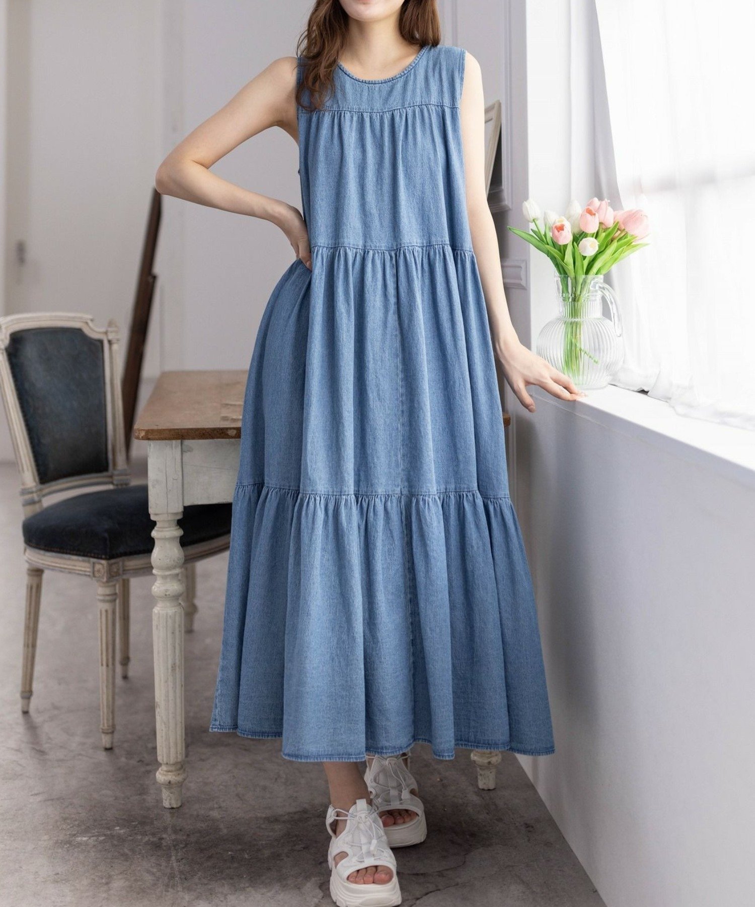【クリア/clear】のデニムティアードワンピース インテリア・キッズ・メンズ・レディースファッション・服の通販 founy(ファニー) 　ファッション　Fashion　レディースファッション　Ladies' Fashion Online　ワンピース　Dress　カーディガン　Cardigan　サンダル　Sandals　スニーカー　Sneakers　ティアード　Tiered　デニム　Denim　ノースリーブ　No Sleeve　夏　Summer　LBL|ID: prp329100004589906 ipo3291000000032637628