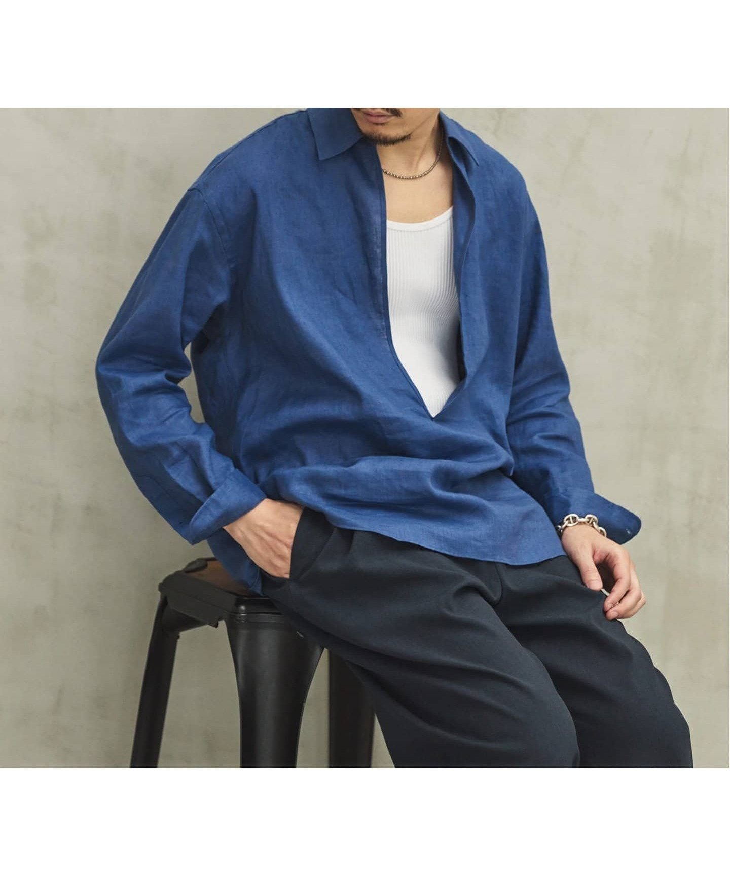 【エディフィス/EDIFICE / MEN】の《追加》リネン スキッパー シャツ インテリア・キッズ・メンズ・レディースファッション・服の通販 founy(ファニー) 　ファッション　Fashion　メンズファッション　Fashion for Men　スキッパー　Skipper, Open Collar　リネン　Linen, Linen Fabric　ブルー|ID: prp329100004590143 ipo3291000000032755019