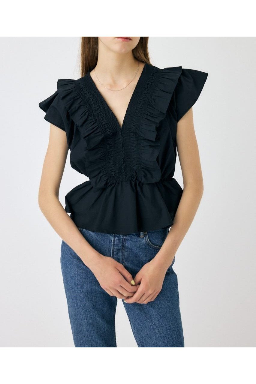 【マウジー/moussy】のSHIRRING RUFFLE PEPLUM トップス インテリア・キッズ・メンズ・レディースファッション・服の通販 founy(ファニー) 　ファッション　Fashion　レディースファッション　Fashion for Women　トップス・カットソー　Cut & Sew Tops　おすすめ　Recommended / Our Picks　インナー　Innerwear　ガーリー　Girly, Feminine Style　キャップ　Cap, Baseball Cap　シャーリング　Shirring, Ruched　スリーブ　Sleeve, Long Sleeve / Short Sleeve　デニム　Denim, Jeans Material　フリル　Frill, Ruffle　ペプラム　Peplum, Flared Hem　人気　Popular, Best Seller　再入荷　Restock / Back in Stock　BLK|ID: prp329100004590280 ipo3291000000032724423