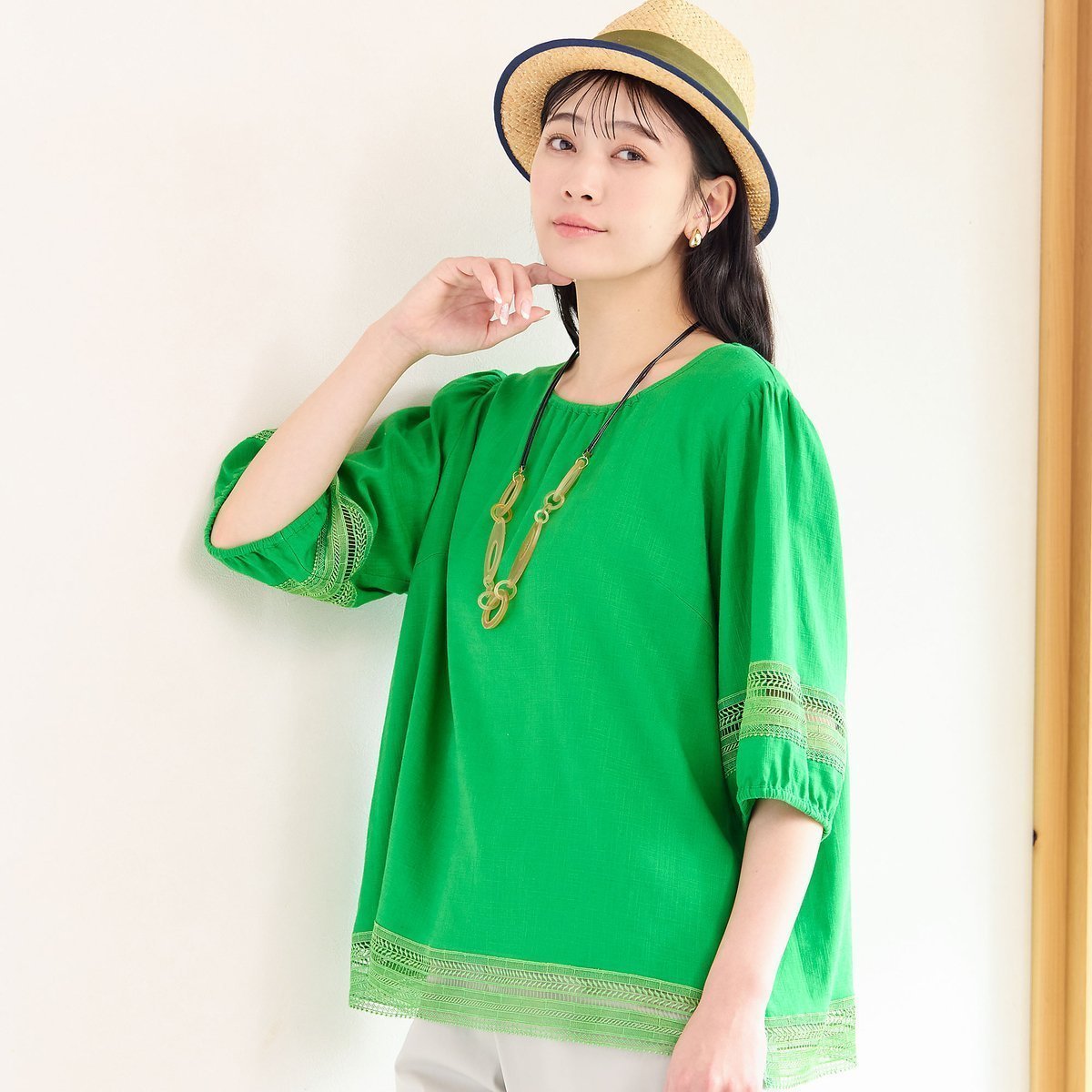 【ミゼール/MISSEL】の【一部店舗限定】レーヨン麻 パフスリーブブラウス インテリア・キッズ・メンズ・レディースファッション・服の通販 founy(ファニー) 　ファッション　Fashion　レディースファッション　Ladies' Fashion Online　トップス・カットソー　Tops/Tshirt　シャツ/ブラウス　Shirts/Blouses　おすすめ　Recommend　エレガント 上品　Elegant　サマー　Summer　スリーブ　Sleeve　リネン　Linen　レース　Race　今夏　Summer　夏　Summer　定番　Standard　グリーン|ID: prp329100004590424 ipo3291000000032681640