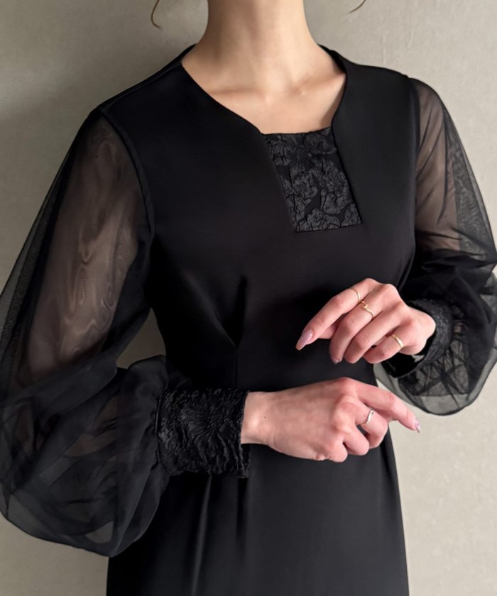 【ジュノア/JUNOAH】のチュールスリーブ異素材ドッキングタックワンピース インテリア・キッズ・メンズ・レディースファッション・服の通販 founy(ファニー) https://founy.com/ ファッション Fashion レディースファッション Ladies' Fashion Online ワンピース Dress チュール Tulle |ID: prp329100004591710 ipo3291000000032593245
