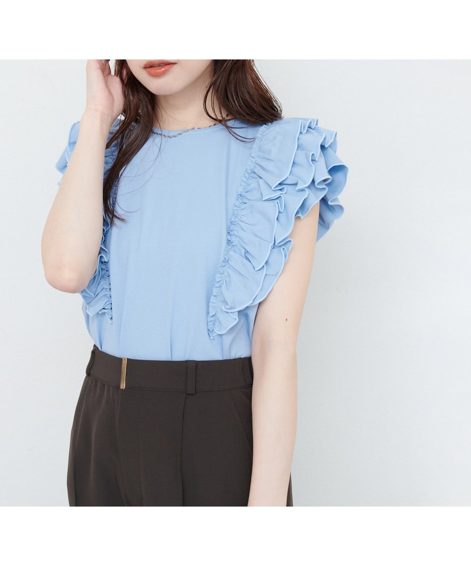 【ナチュラルクチュール/natural couture】の【sherbet line】接触冷感 フリルブラウスTシャツ インテリア・キッズ・メンズ・レディースファッション・服の通販 founy(ファニー) 　ファッション　Fashion　レディースファッション　Fashion for Women　トップス・カットソー　Cut & Sew Tops　シャツ・ブラウス・オフィスカジュアル　Elegant Blouses & Button-Ups　ロングTシャツ・Tシャツ　Longline T-Shirts & Tees　サンダル　Sandals, Summer Shoes　スニーカー　Sneakers, Trainers　デニム　Denim, Jeans Material　フェミニン　Feminine, Girly　フリル　Frill, Ruffle　ペンシル　Pencil, Pencil Skirt　おすすめ　Recommended / Our Picks　夏　Summer　エレガント 上品　Elegant　2025年　2025　2025春夏・S/S　Spring/Summer 2025 SS25　ブルー|ID: prp329100004592004 ipo3291000000032714860