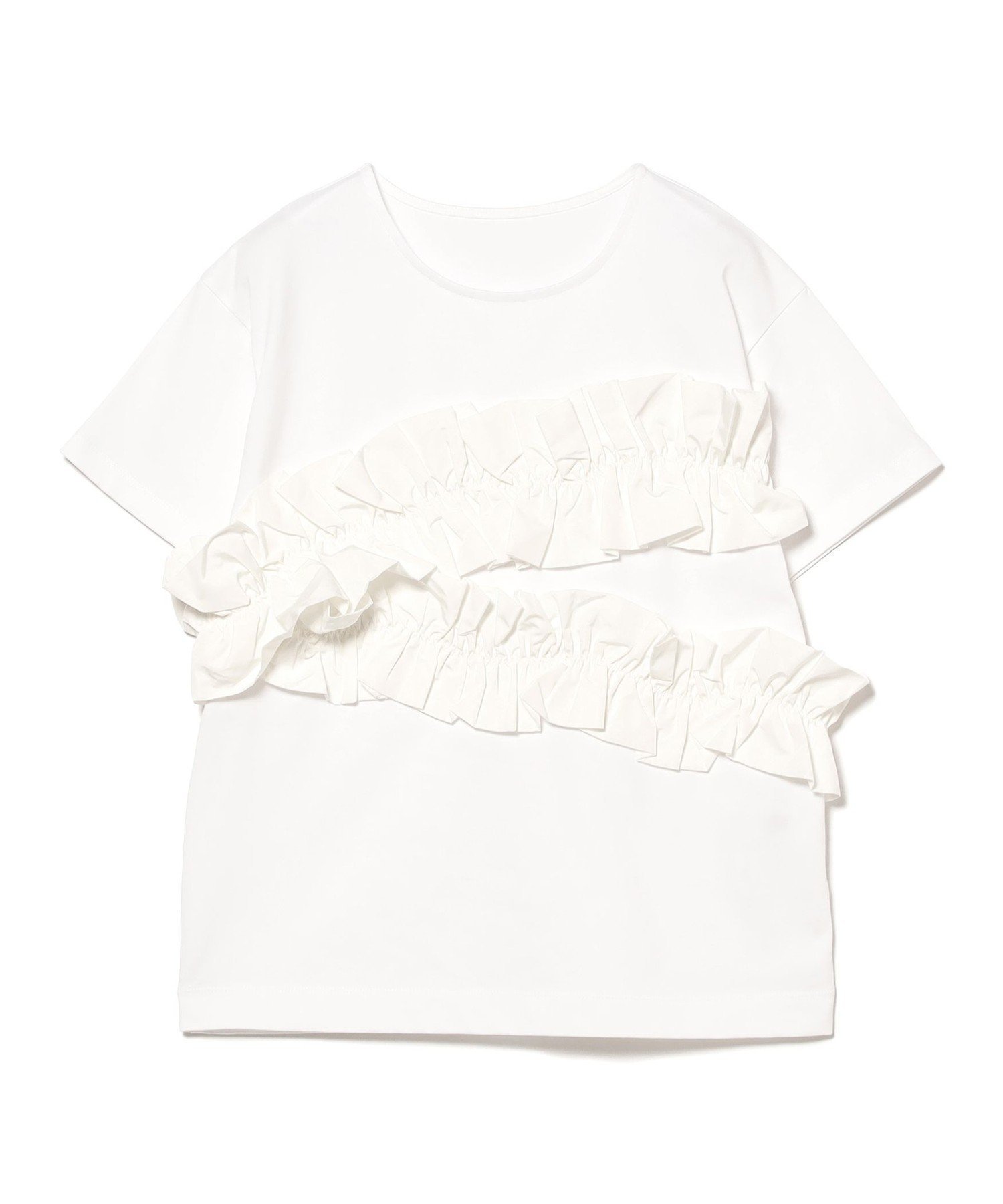 【ビームス ウイメン/BEAMS】の【Tシャツ/レディース/半袖/綿100%/洗濯可】RBS / ギャザー フリル Tシャツ インテリア・キッズ・メンズ・レディースファッション・服の通販 founy(ファニー) 　ファッション　Fashion　レディースファッション　Ladies' Fashion Online　トップス・カットソー　Tops/Tshirt　シャツ/ブラウス　Shirts/Blouses　ロング / Tシャツ　T-Shirts　アシンメトリー　Asymmetry　カットソー　Cut And Sew　ギャザー　Gather　ドッキング　Docking　バランス　Balance　フリル　Frills　エレガント 上品　Elegant　半袖　Short Sleeve　WHITE|ID: prp329100004592599 ipo3291000000032605524