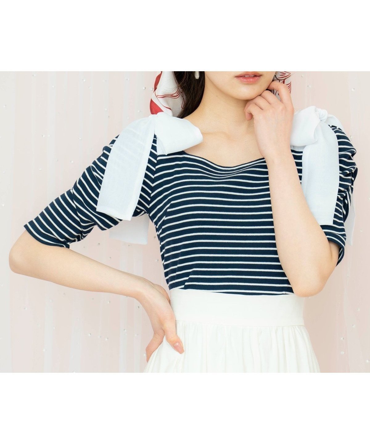 【ウィルセレクション/WILLSELECTION】のショルダーリボンパワショルトップス インテリア・キッズ・メンズ・レディースファッション・服の通販 founy(ファニー) 　ファッション　Fashion　レディースファッション　Fashion for Women　トップス・カットソー　Cut & Sew Tops　おすすめ　Recommended / Our Picks　ギャザー　Gathered, Ruffled　シンプル　Simple, Minimal　スクエア　Square, Square Shape　デコルテ　Décolleté, Neckline　ボーダー　Border, Stripe　リボン　Ribbon, Bow　エレガント 上品　Elegant　夏　Summer　春　Spring　S/S・春夏　SS, Spring/Summer, Warm Season　Navy/borderストライプ|ID: prp329100004592606 ipo3291000000032728455