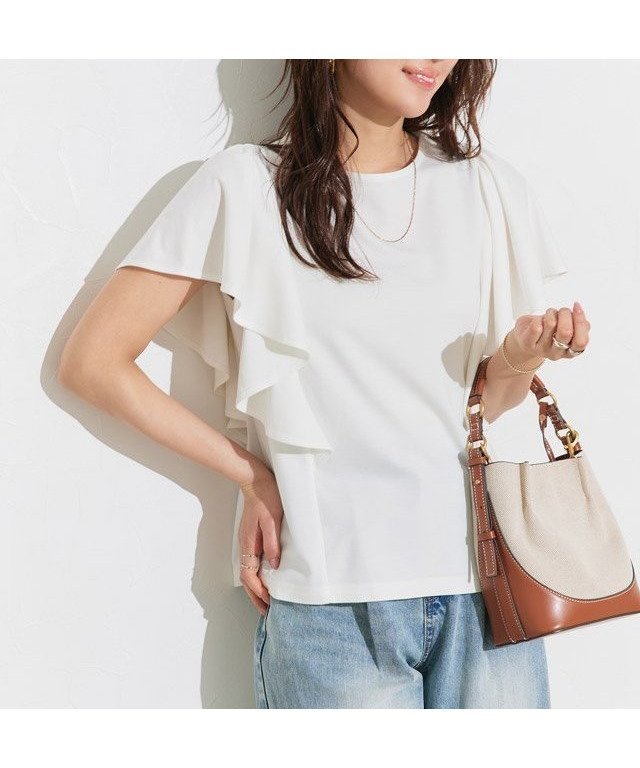 【ピエロ/Pierrot】の接触冷感ラッフルTシャツ インテリア・キッズ・メンズ・レディースファッション・服の通販 founy(ファニー) 　ファッション　Fashion　レディースファッション　Ladies' Fashion Online　トップス・カットソー　Tops/Tshirt　シャツ/ブラウス　Shirts/Blouses　ロング / Tシャツ　T-Shirts　カットソー　Cut And Sew　シンプル　Simple　ラッフル　Raffle　エレガント 上品　Elegant　オフホワイト|ID: prp329100004592643 ipo3291000000032606258