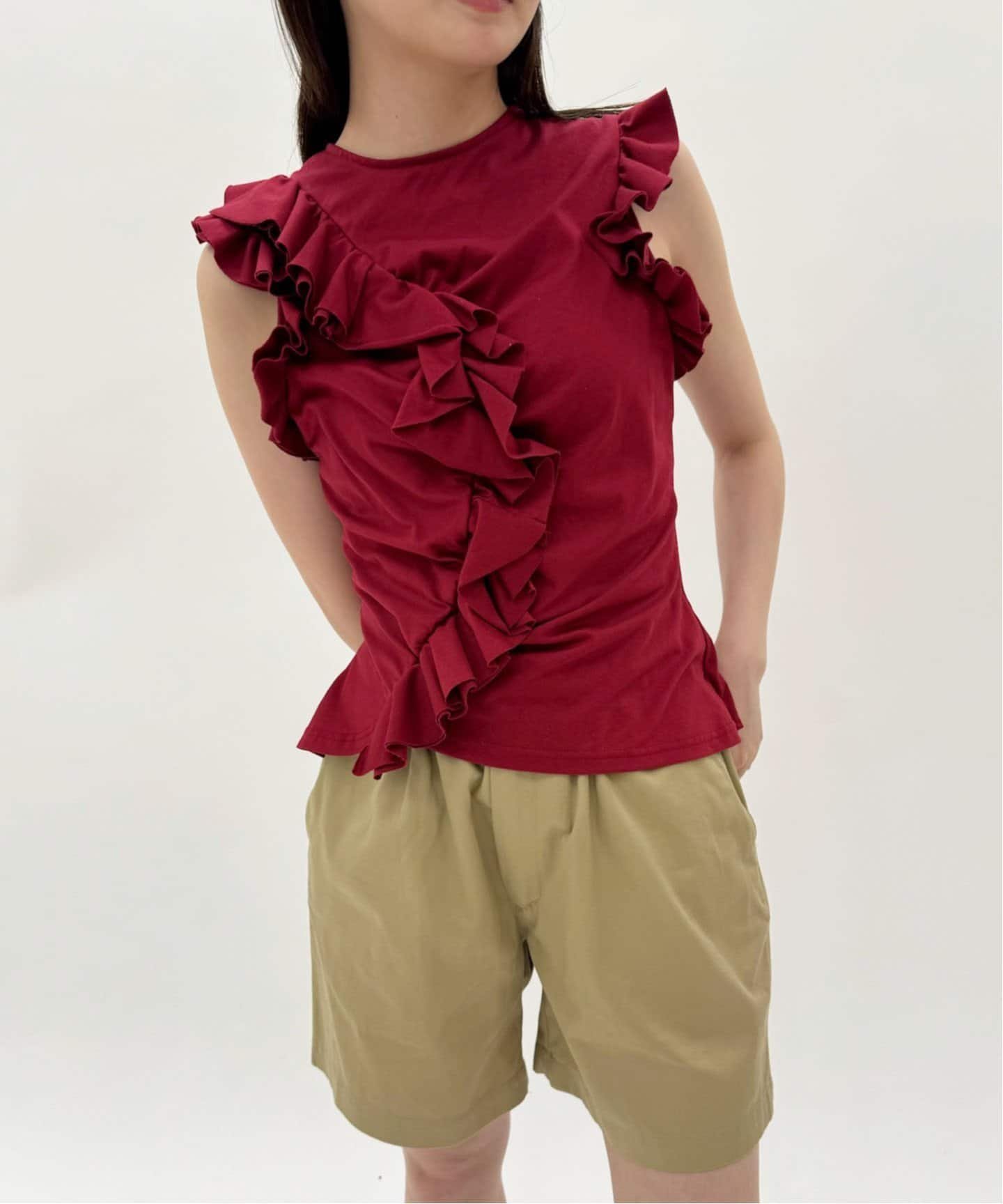 【エディット フォー ルル/edit.for LuLu】の【naoki tomizuka for LULU】frill blouse tee インテリア・キッズ・メンズ・レディースファッション・服の通販 founy(ファニー) 　ファッション　Fashion　レディースファッション　Fashion for Women　クラシック　Classic, Timeless Style　シェイプ　Shape, Slim Fit　シルケット　Silket, Silky Cotton　デニム　Denim, Jeans Material　パターン　Pattern, Design Print　フォルム　Silhouette, Form　フリル　Frill, Ruffle　A/W・秋冬　Autumn/Winter　2025年　2025　2025春夏・S/S　Spring/Summer 2025 SS25　レッド|ID: prp329100004592674 ipo3291000000032725739