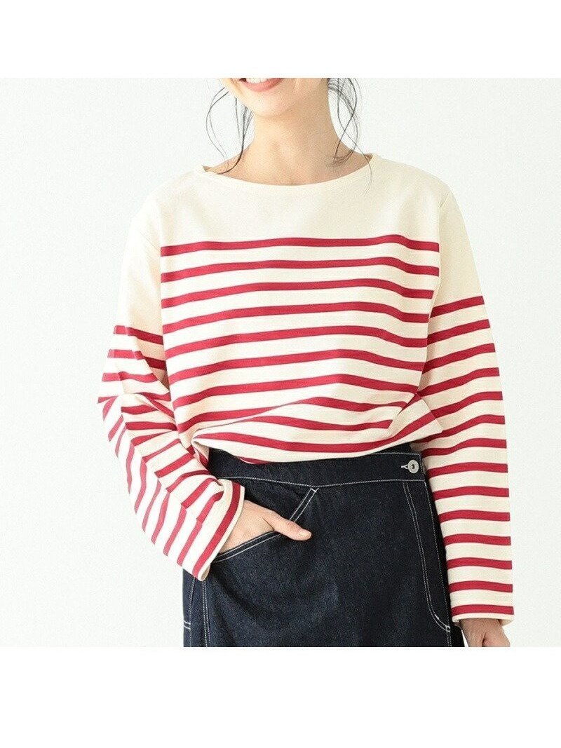 【ビームス ウイメン/BEAMS】のBEAMS BOY / ナバルボーダー ビッグ ボートネック カットソー インテリア・キッズ・メンズ・レディースファッション・服の通販 founy(ファニー) 　ファッション　Fashion　レディースファッション　Ladies' Fashion Online　トップス・カットソー　Tops/Tshirt　カットソー　Cut and Sewn　インナー　Inner　カットソー　Cut And Sew　切替　Switching　ショルダー　Shoulder　ドロップ　Drop　ビッグ　Big　ボーダー　Border　無地　Plain Color　ラッセル　Russell　NATURAL×RED|ID: prp329100004592770 ipo3291000000032608271