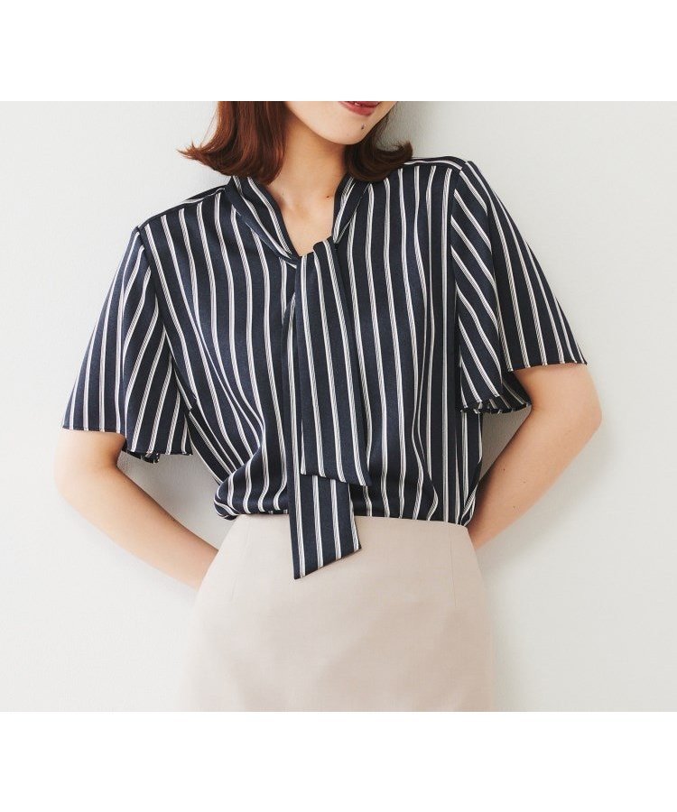 【アンタイトル/UNTITLED】の袖ラッフルボウタイブラウス インテリア・キッズ・メンズ・レディースファッション・服の通販 founy(ファニー) 　ファッション　Fashion　レディースファッション　Ladies' Fashion Online　トップス・カットソー　Tops/Tshirt　シャツ/ブラウス　Shirts/Blouses　おすすめ　Recommend　インナー　Inner　シンプル　Simple　ジャケット　Jacket　ジョーゼット　Georgette　ストライプ　Stripe　プリント　Print　ラッフル　Raffle　ネイビー|ID: prp329100004592904 ipo3291000000032609747