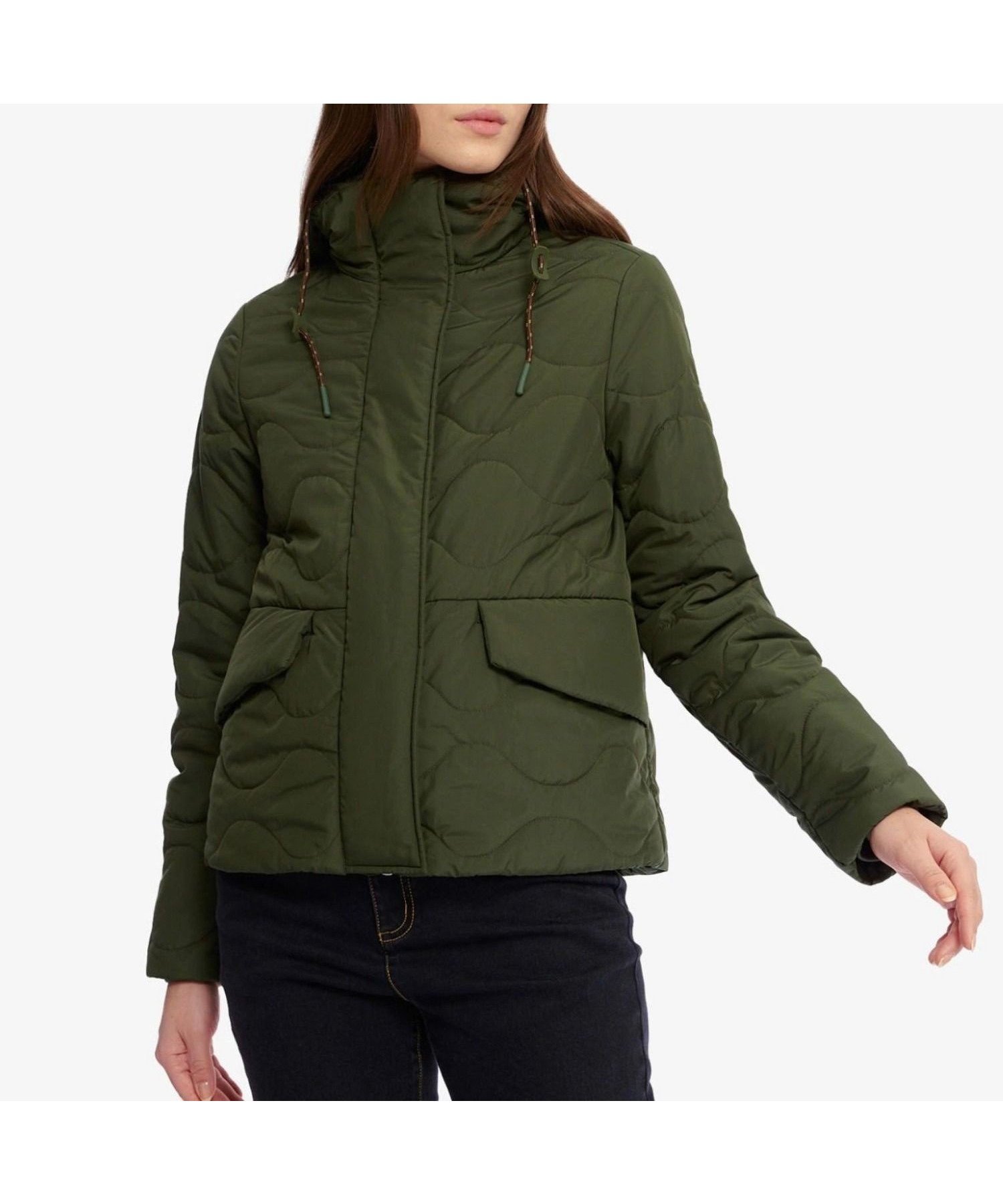 【エーグル/AIGLE】の撥水 DUPONT SORONA 中綿 インサレーション キルティングフーデッドジャケット インテリア・キッズ・メンズ・レディースファッション・服の通販 founy(ファニー) 　ファッション　Fashion　レディースファッション　Ladies' Fashion Online　アウター　Coat Outerwear　ジャケット　Jackets　ダメージ　Damage　ドローコード　Draw Cord　フラップ　Flap　フロント　Front　ポケット　Pocket　モスグリーン|ID: prp329100004592908 ipo3291000000032609776