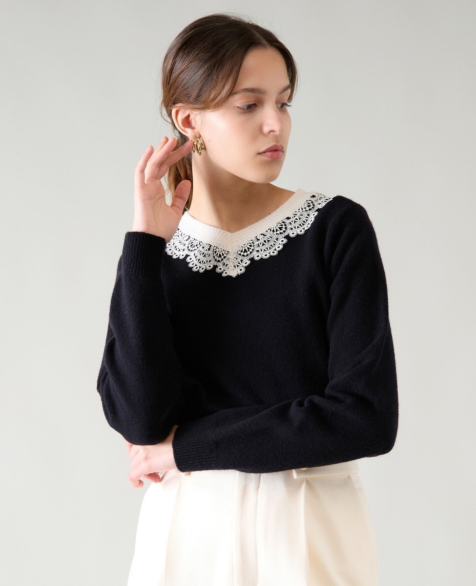 【ティアラ/Tiara】のバイカラーVネックレースニット インテリア・キッズ・メンズ・レディースファッション・服の通販 founy(ファニー) 　ファッション　Fashion　レディースファッション　Ladies' Fashion Online　トップス・カットソー　Tops/Tshirt　ニット　Knit Tops　Vネック　V-Neck　クラシカル　Classical　レース　Race　ブラック|ID: prp329100004592989 ipo3291000000032611054