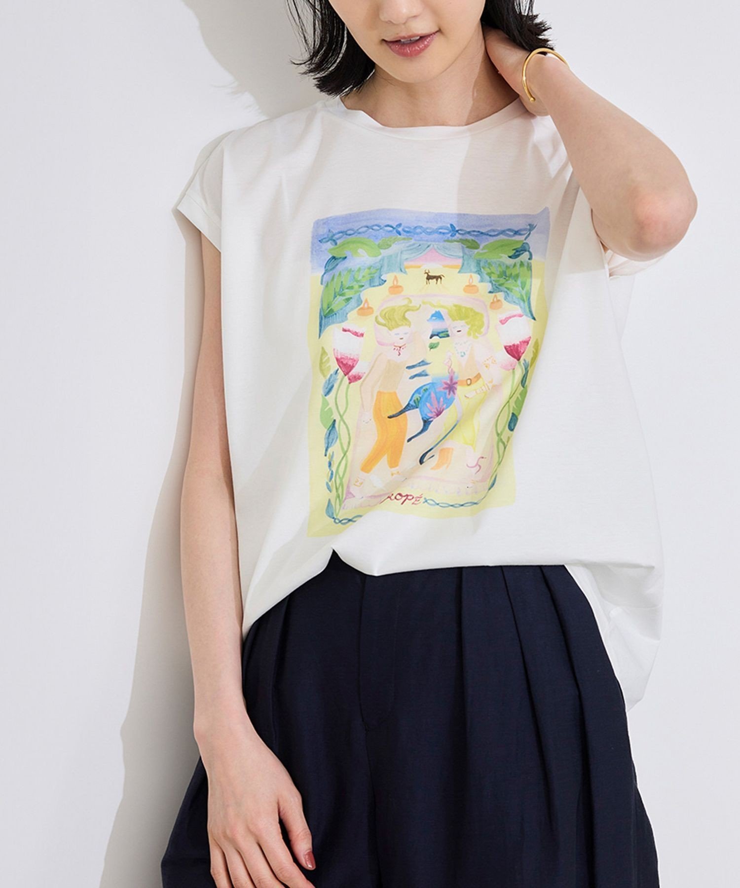 【ロペ/ROPE'】の【Kei Nagayama for ROPE 】プリント ノースリーブTEE【接触冷感・洗濯耐久あり】 人気、トレンドファッション・服の通販 founy(ファニー) 　ファッション　Fashion　レディースファッション　Ladies' Fashion Online　トップス・カットソー　Tops/Tshirt　キャミソール / ノースリーブ　No Sleeves　イラスト　Illustration　カットソー　Cut And Sew　サンダル　Sandals　シルク　Silk　ジャケット　Jacket　スラックス　Slacks　ノースリーブ　No Sleeve　フラット　Flat　フロント　Front　プリント　Print　ポケット　Pocket　モチーフ　Motif　リラックス　Relax　おすすめ　Recommend　夏　Summer　 other-1|ID: prp329100004593737 ipo3291000000032622945