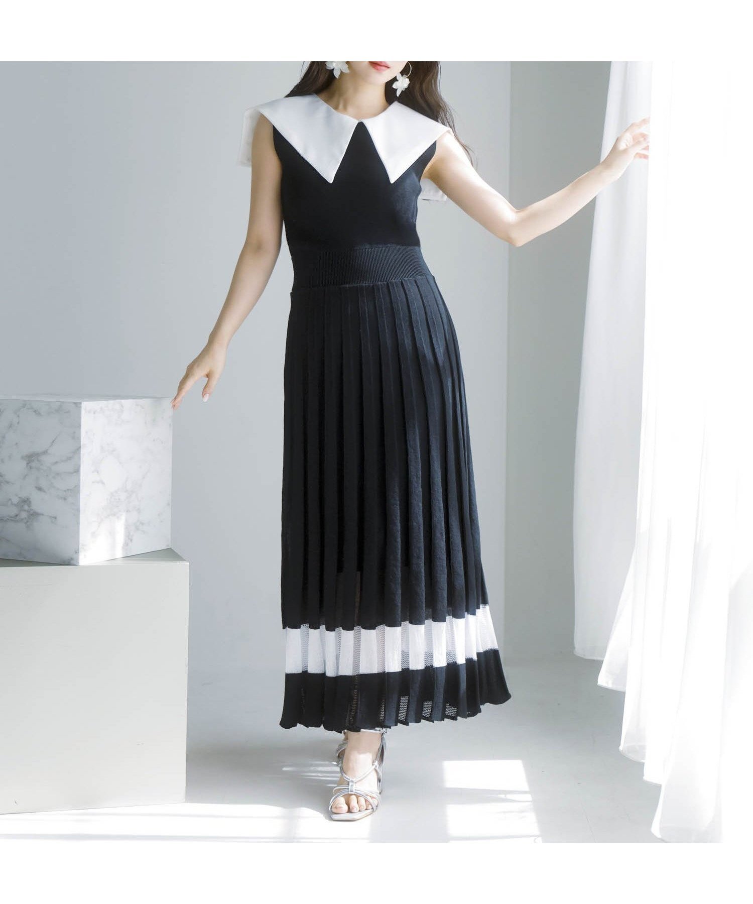 【ノエラ/Noela】の襟付きニットワンピ インテリア・キッズ・メンズ・レディースファッション・服の通販 founy(ファニー) 　ファッション　Fashion　レディースファッション　Ladies' Fashion Online　ワンピース　Dress　ニットワンピース　Knit Dresses　クラシック　Classic　トレンド　Trend　フィット　Fit　プリーツ　Pleats　ポケット　Pocket　エレガント 上品　Elegant　透かし　Watermark　ブラック|ID: prp329100004593829 ipo3291000000032624611