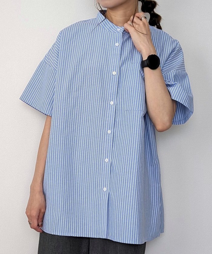【ジュノア/JUNOAH】の半袖バンドカラーストライプオーバーシャツ インテリア・キッズ・メンズ・レディースファッション・服の通販 founy(ファニー) https://founy.com/ ファッション Fashion レディースファッション Ladies' Fashion Online トップス・カットソー Tops/Tshirt シャツ/ブラウス Shirts/Blouses 半袖 Short Sleeve |ID: prp329100004593975 ipo3291000000032627443