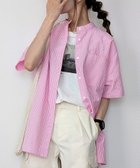 【ジュノア/JUNOAH】の半袖バンドカラーストライプオーバーシャツ ピンク|ID: prp329100004593975 ipo3291000000032627449