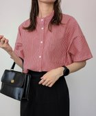 【ジュノア/JUNOAH】の半袖バンドカラーストライプオーバーシャツ レッド|ID: prp329100004593975 ipo3291000000032627451